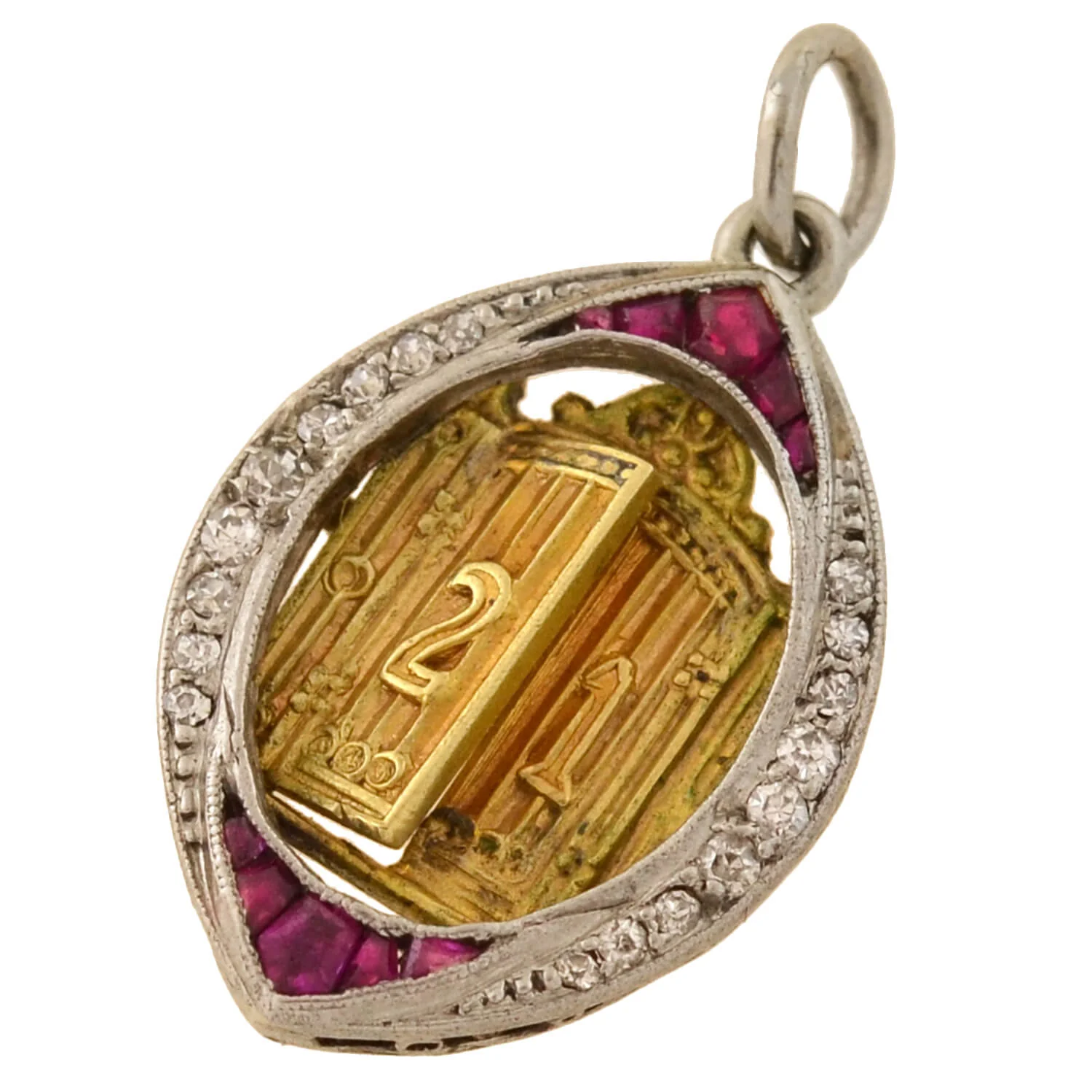 Edwardian Platinum/14kt Ruby + Diamond "21" Golden Door Charm Pendant - Image 3