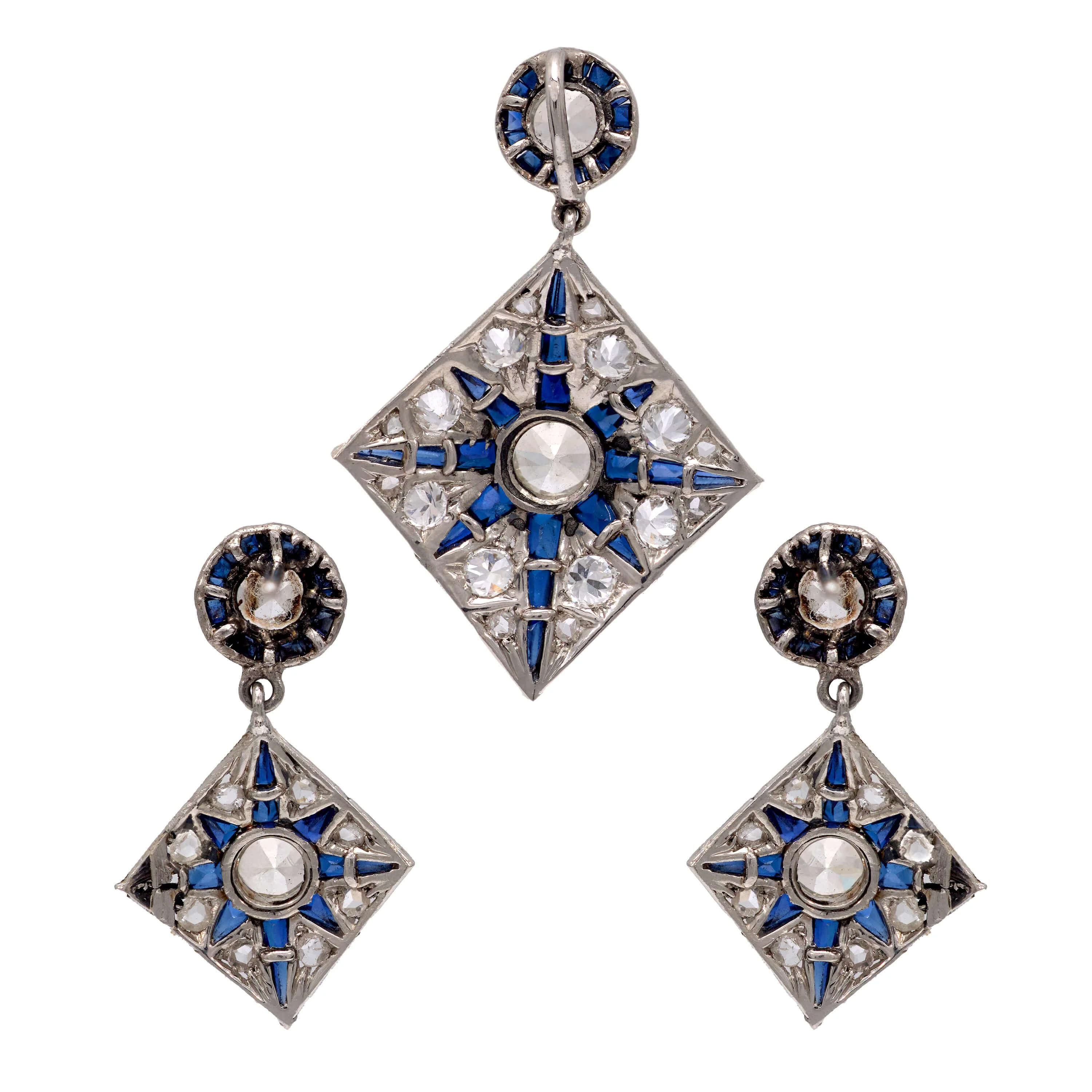Edwardian Platinum Diamond and Sapphire Star-Motif Earring and Pendant Set - Image 3