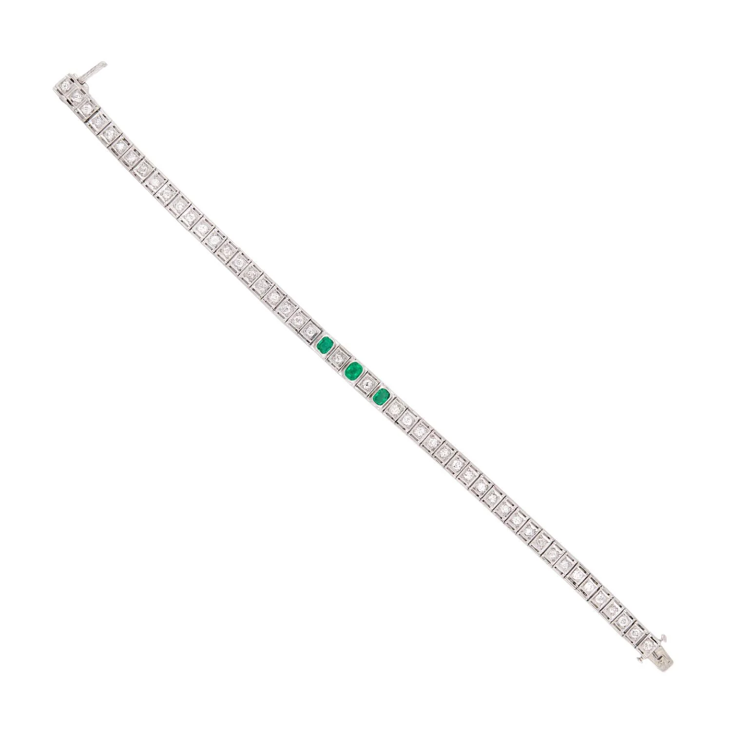 Edwardian Platinum 6ctw Diamond & Emerald Line Bracelet - Image 2