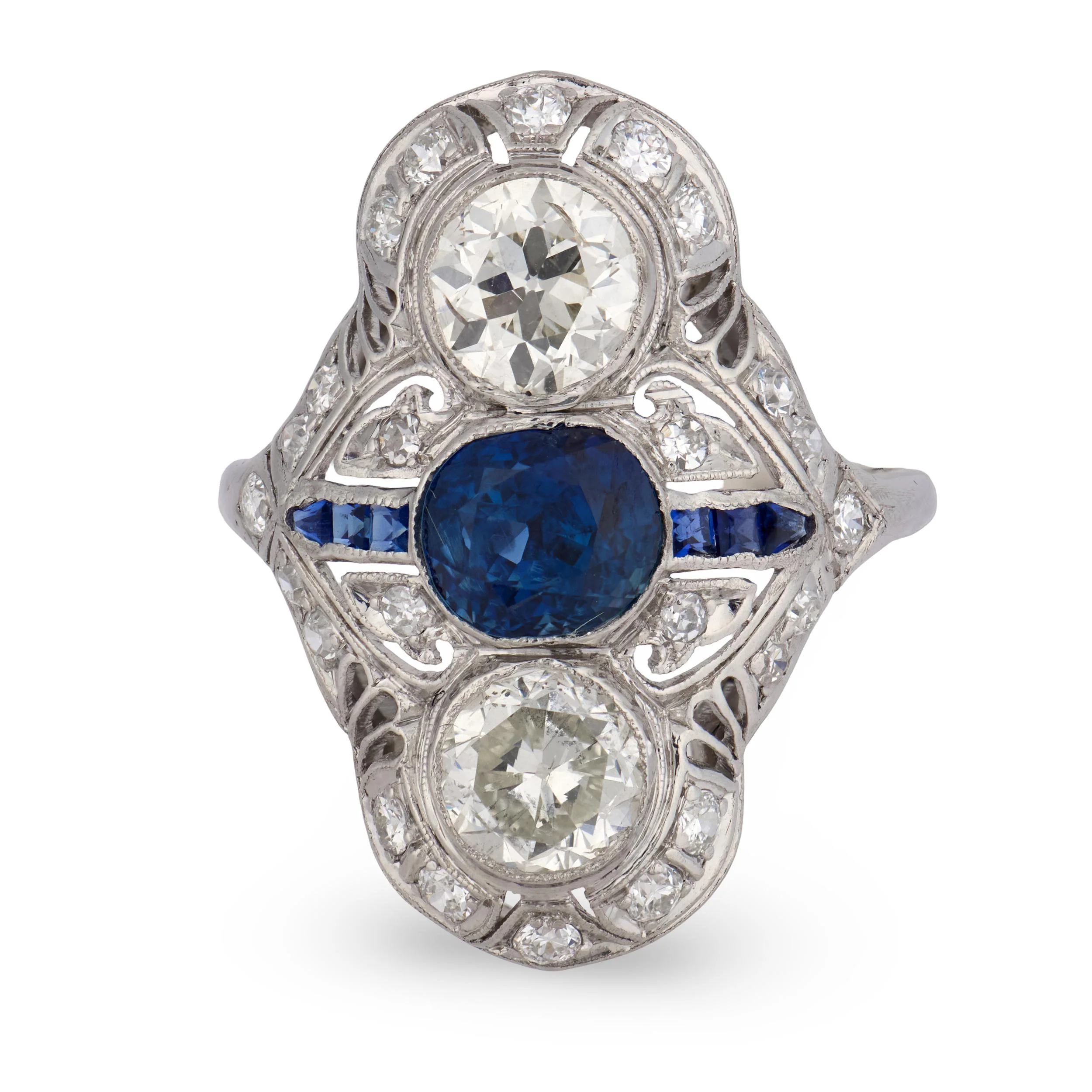 Edwardian Platinum Sapphire & Diamond Navette Ring - Image 2