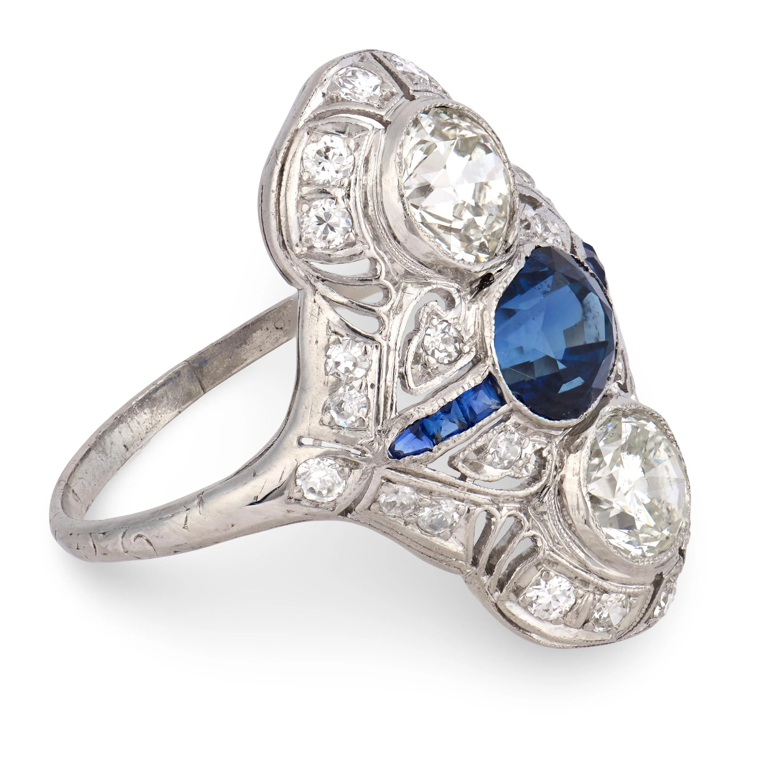 Edwardian Platinum Sapphire & Diamond Navette Ring - Image 3