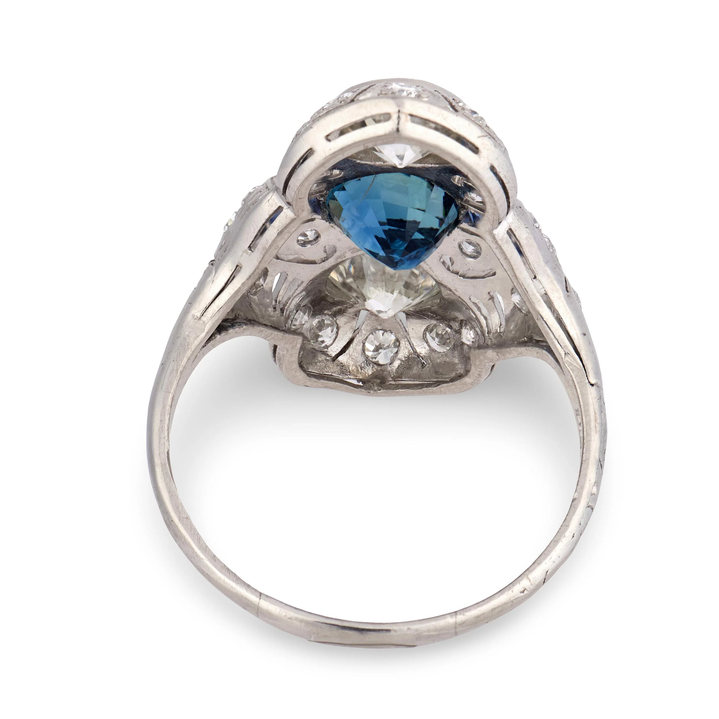 Edwardian Platinum Sapphire & Diamond Navette Ring - Image 5
