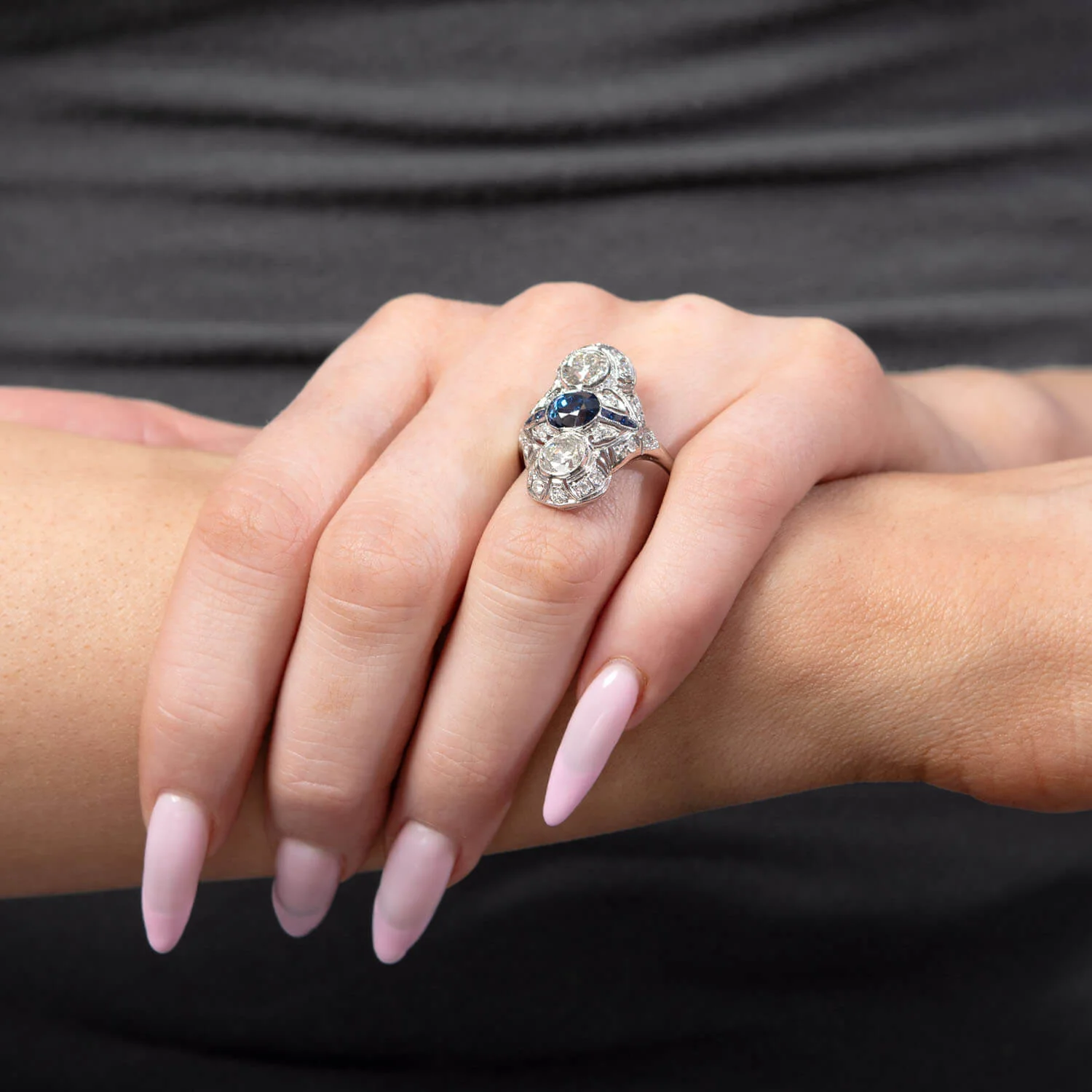 Edwardian Platinum Sapphire & Diamond Navette Ring - Image 6