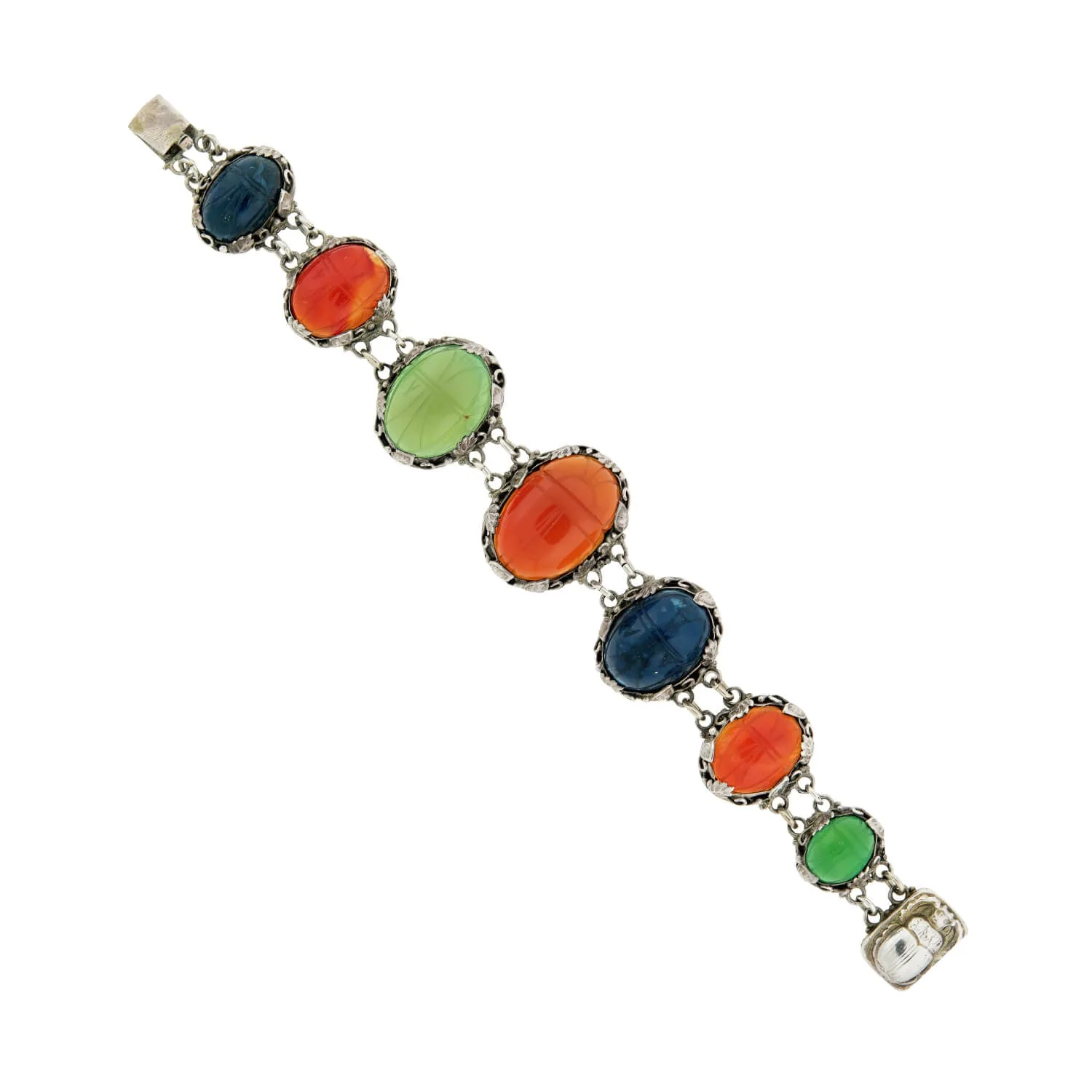 Edwardian Sterling & Multi Stone Scarab Link Bracelet - Image 2