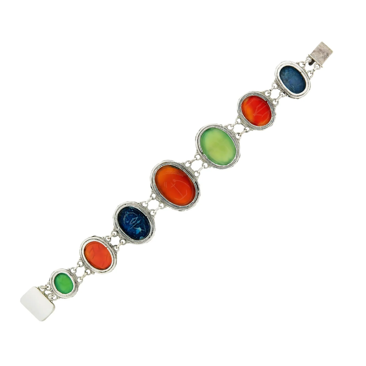 Edwardian Sterling & Multi Stone Scarab Link Bracelet - Image 4