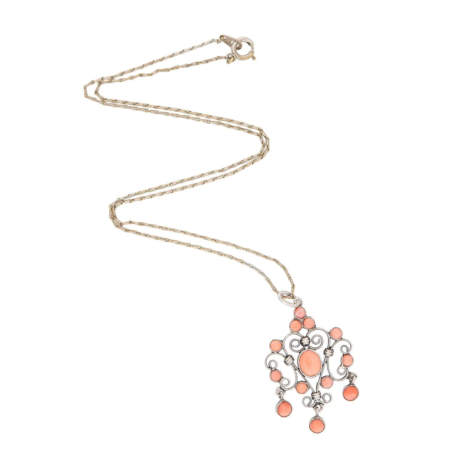 Edwardian Sterling Silver Coral Lavalier Pendant Necklace - Image 2