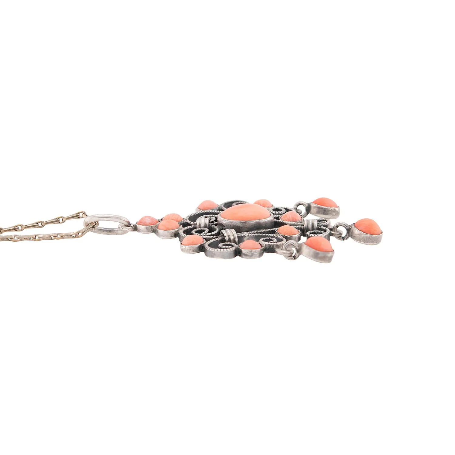 Edwardian Sterling Silver Coral Lavalier Pendant Necklace - Image 3