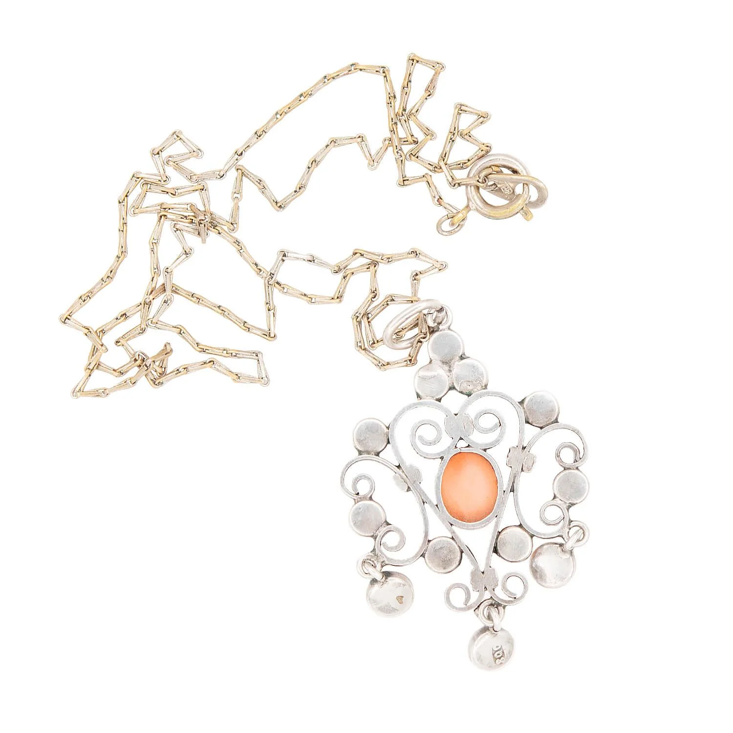 Edwardian Sterling Silver Coral Lavalier Pendant Necklace - Image 4