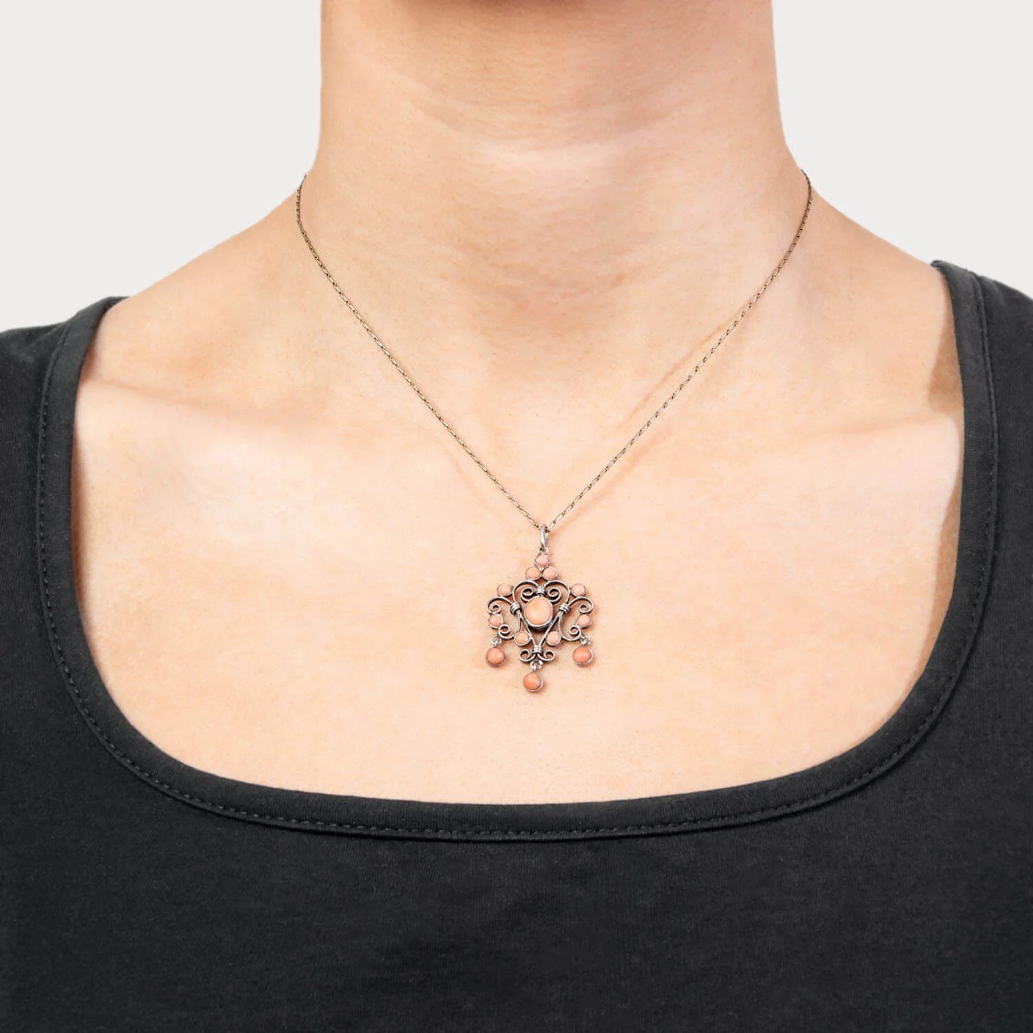 Edwardian Sterling Silver Coral Lavalier Pendant Necklace - Image 7