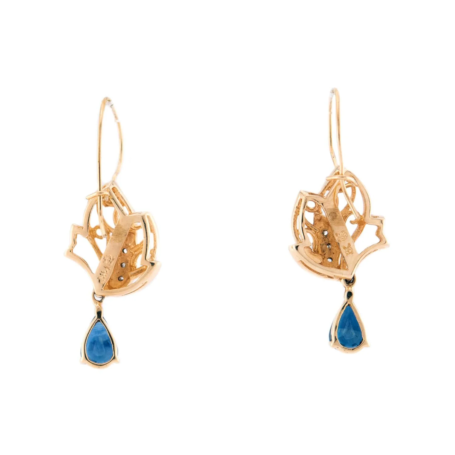 Estate 14k Diamond & Sapphire Floral-Motif Dangle Earrings - Image 3