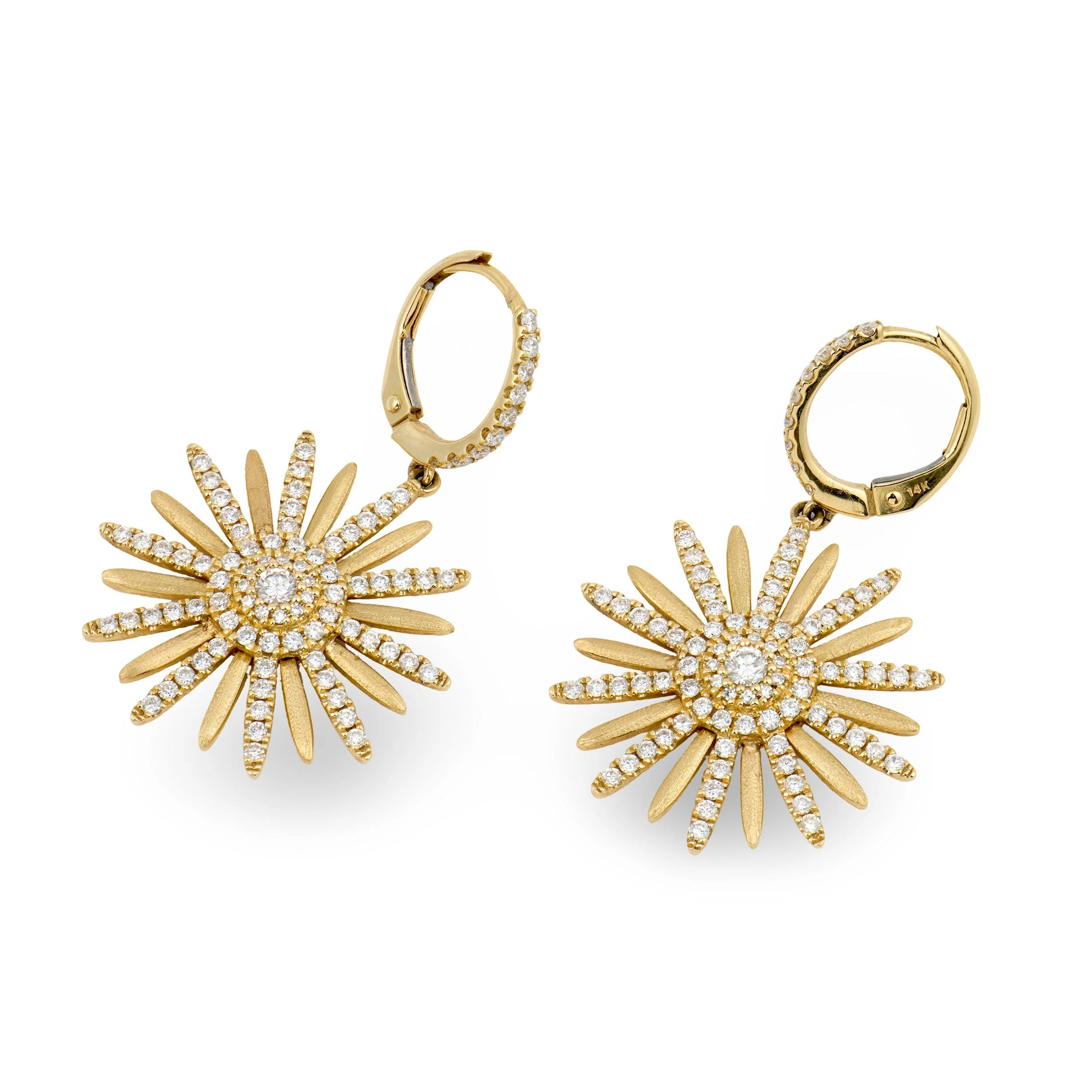 Estate 14k Diamond Sunburst Dangle Earrings - Image 3