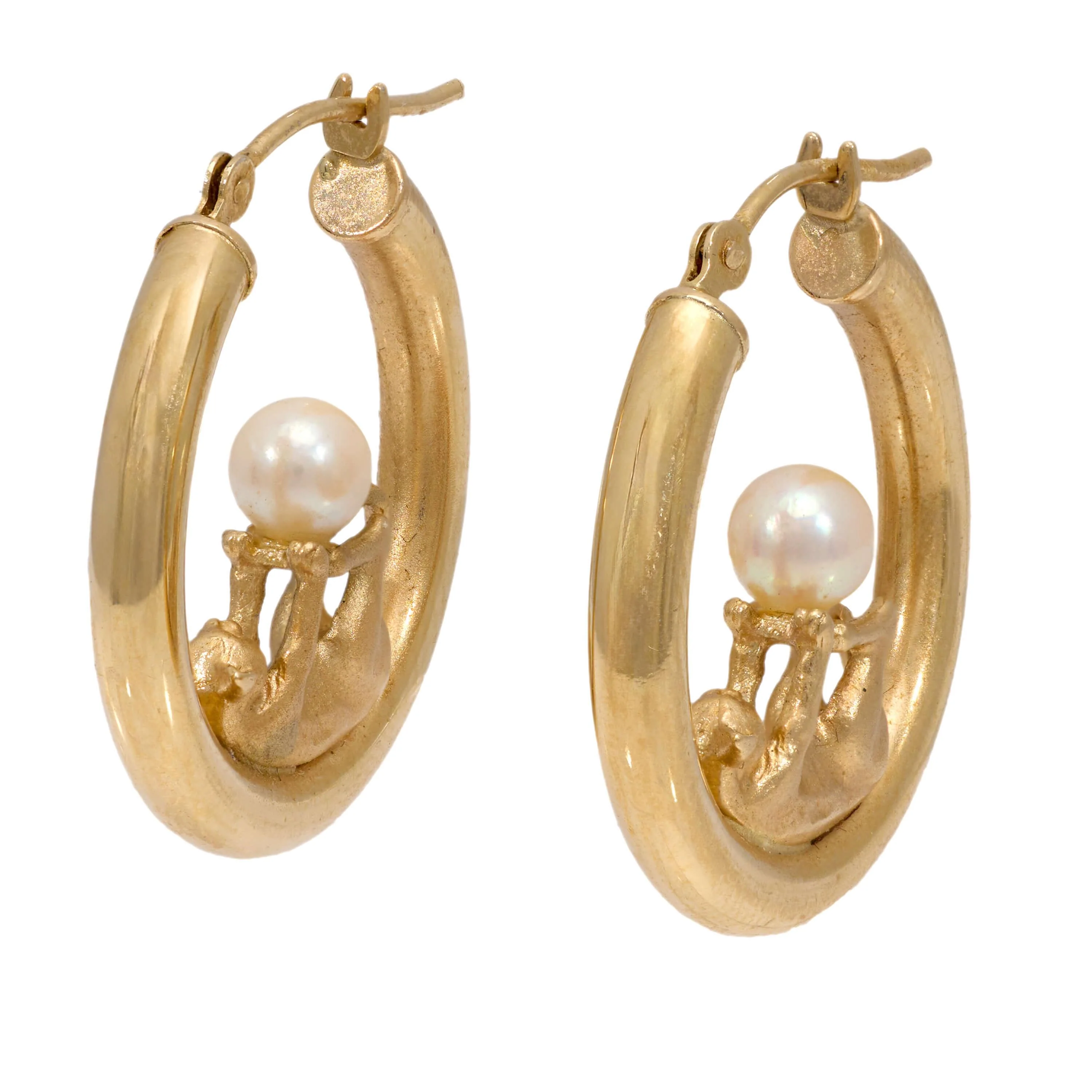 Estate 14k Pearl Cat Motif Hoop Earrings - Image 2