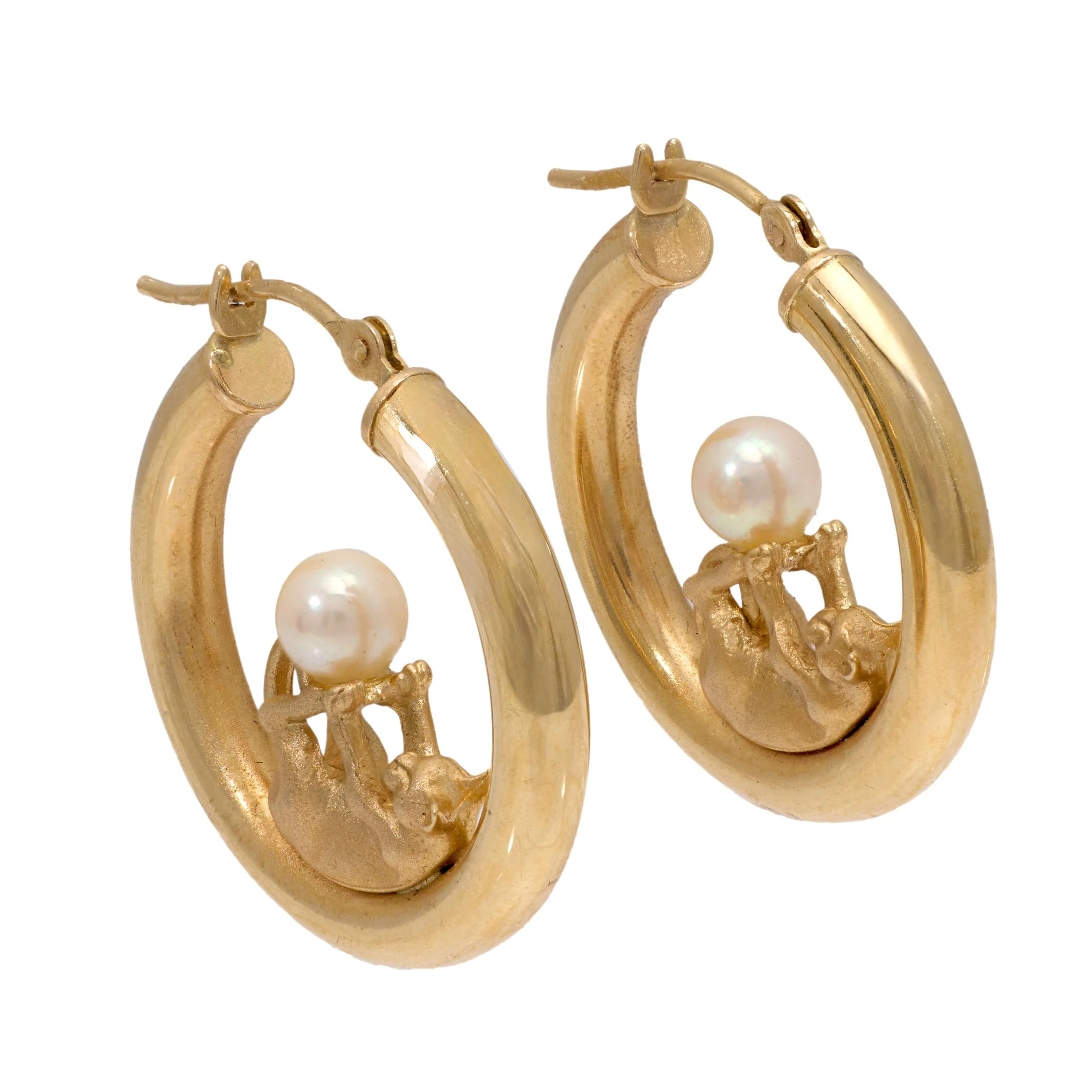 Estate 14k Pearl Cat Motif Hoop Earrings - Image 3