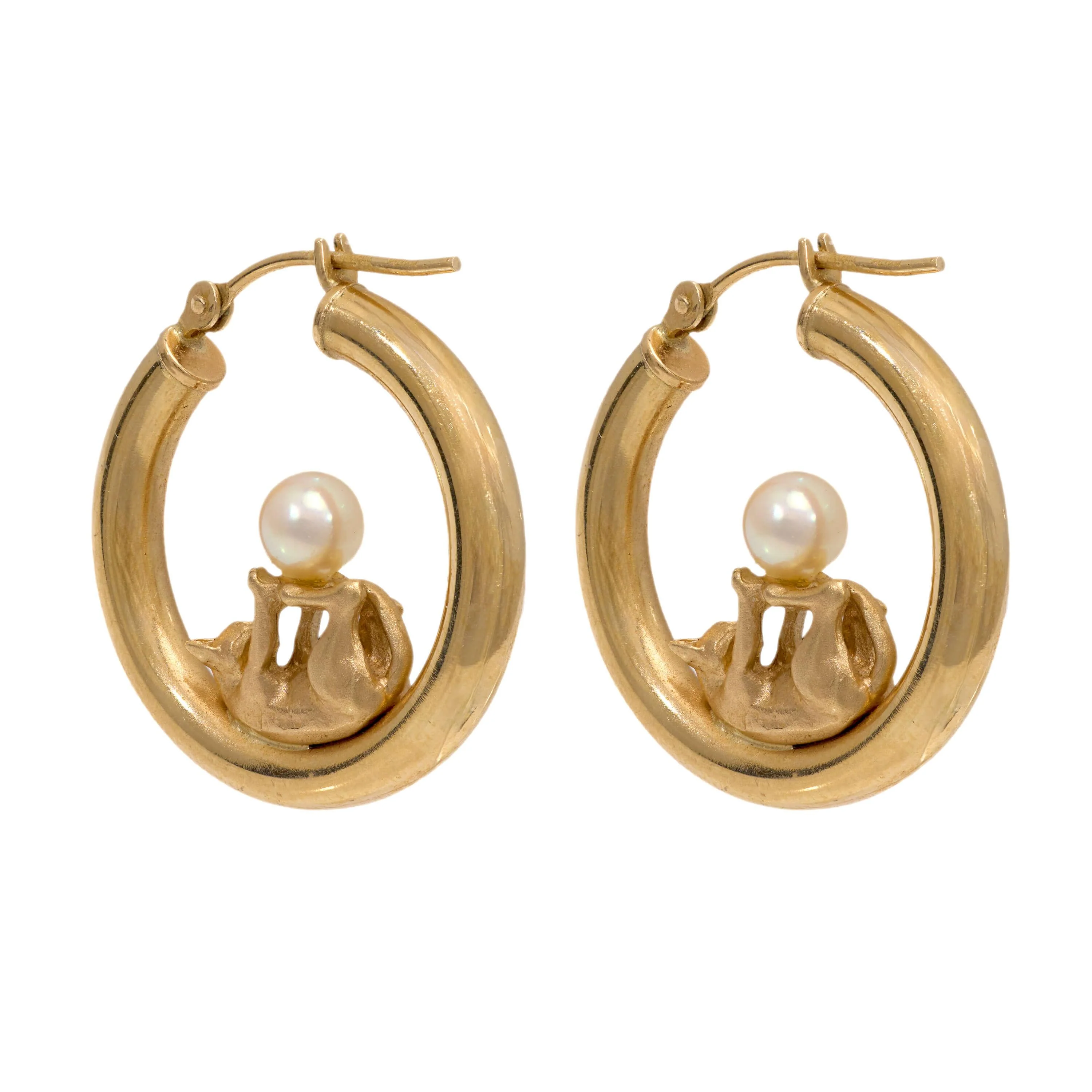 Estate 14k Pearl Cat Motif Hoop Earrings - Image 4
