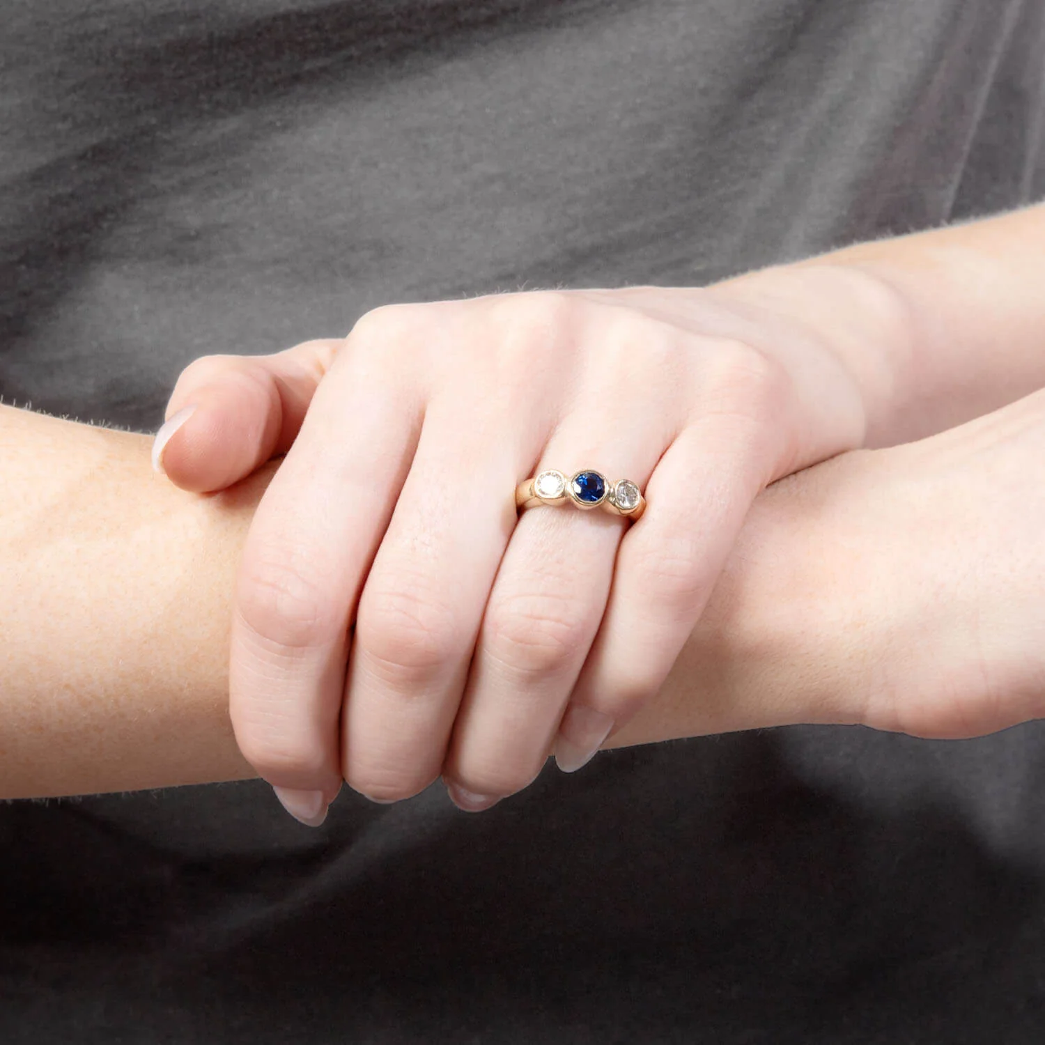 Estate 14k Sapphire and Diamond Three Stone Ring - Image 6