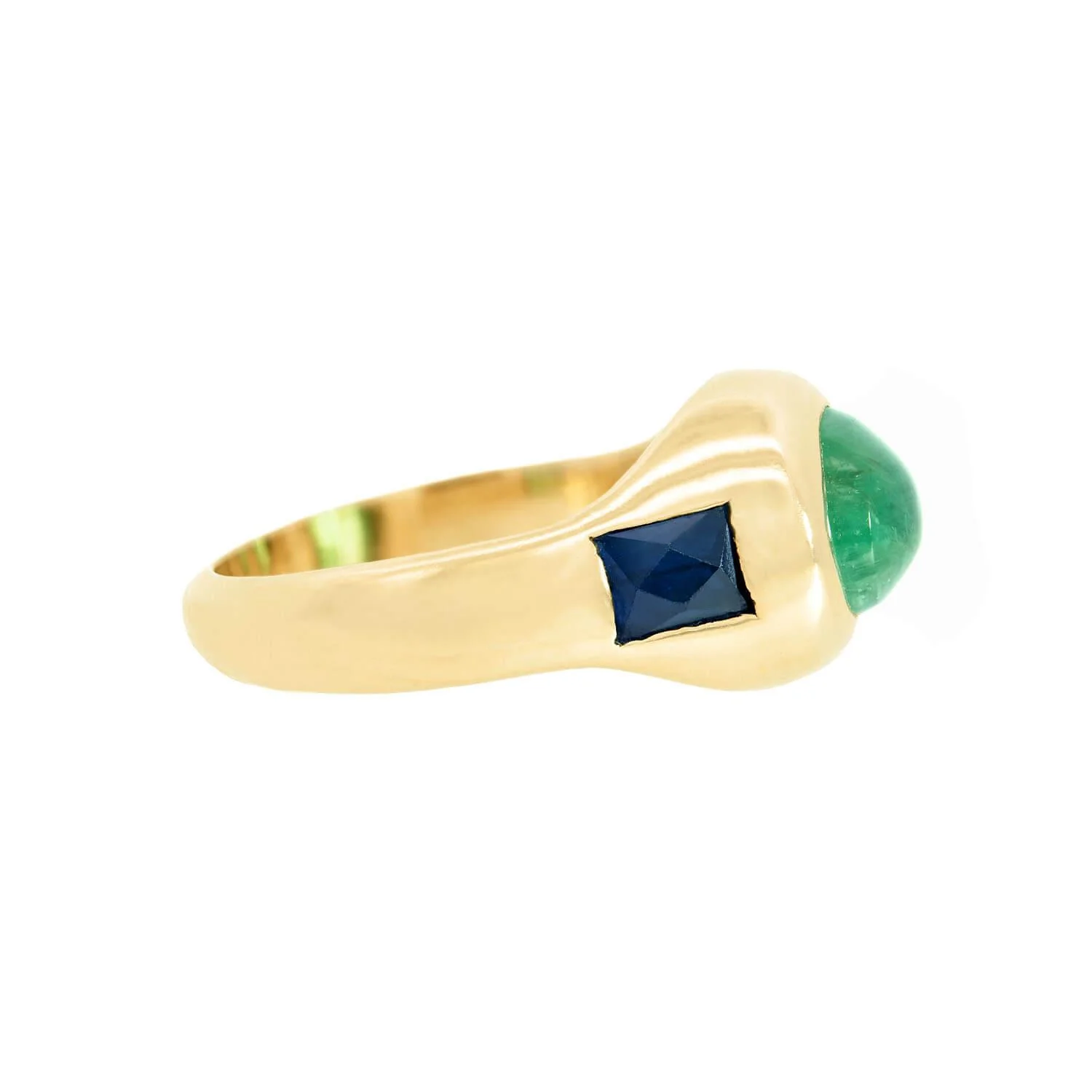 Estate 14k Sapphire and Emerald Cabochon Flush Mount Ring - Image 3