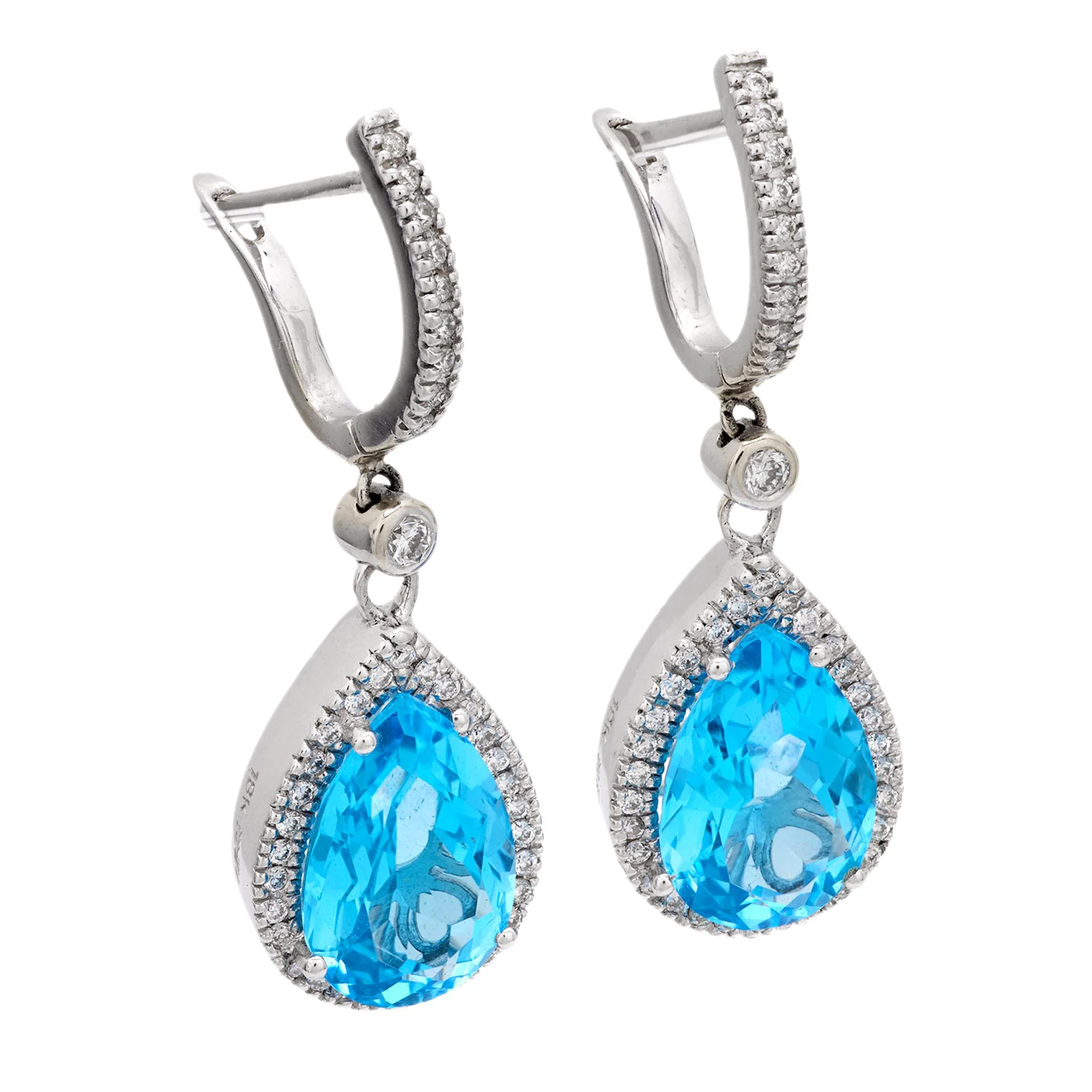 Estate 18k Blue Topaz and Diamond Drop Earrings - Image 2