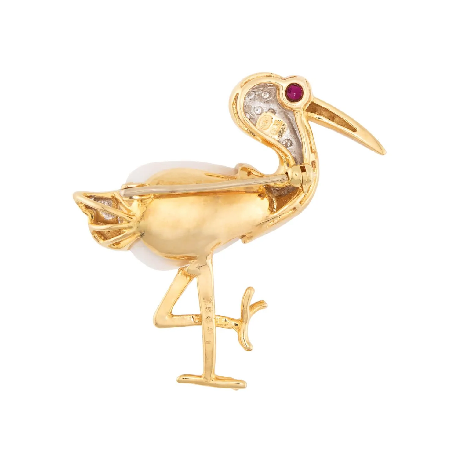 Estate 18k Diamond, Ruby, and Pearl Heron Pin - Image 3