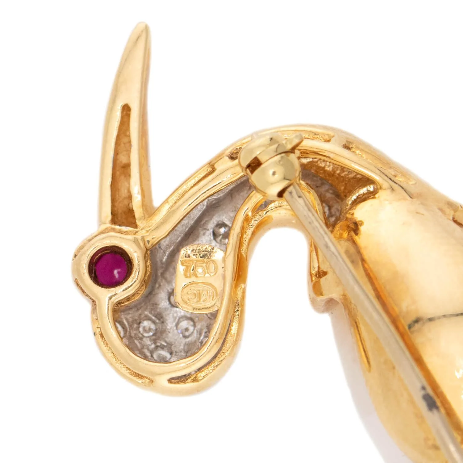 Estate 18k Diamond, Ruby, and Pearl Heron Pin - Image 4