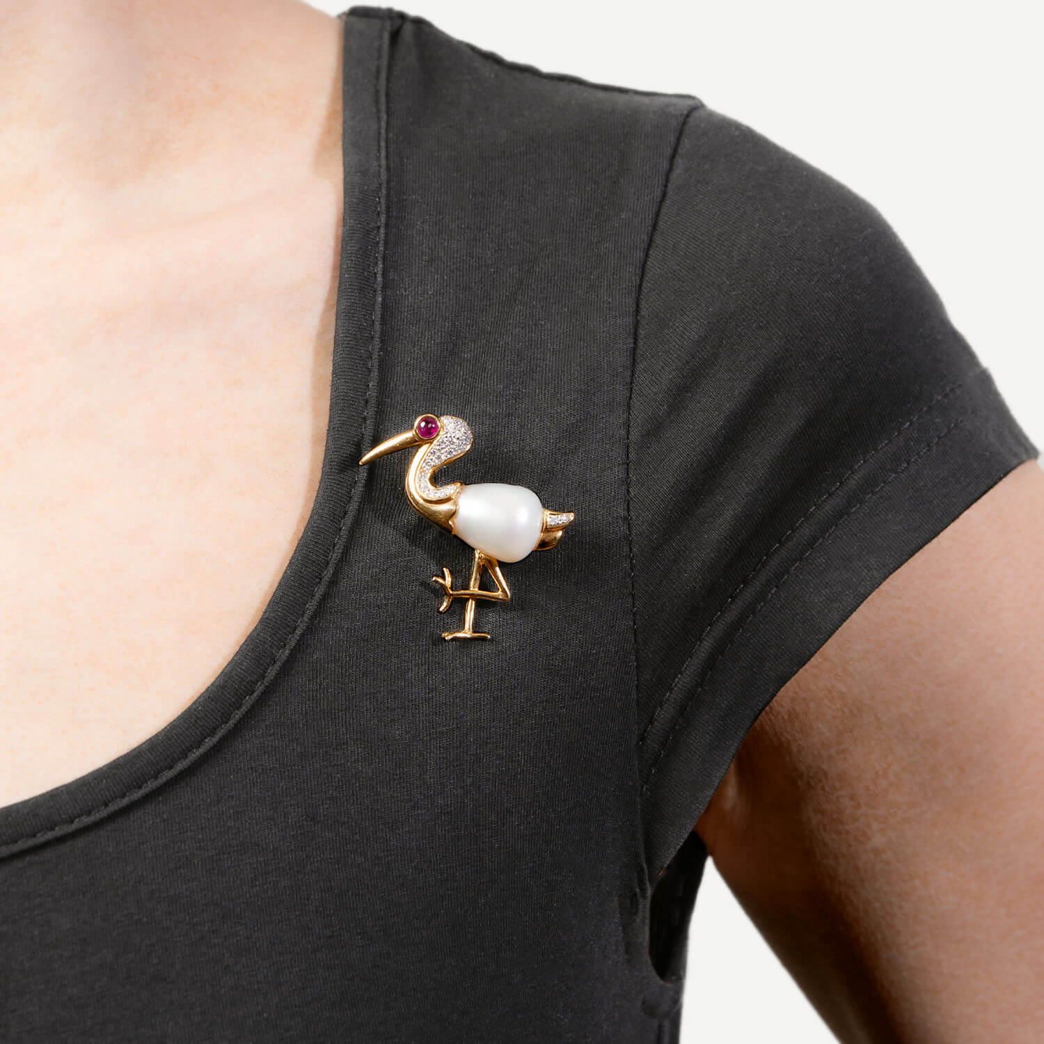 Estate 18k Diamond, Ruby, and Pearl Heron Pin - Image 5