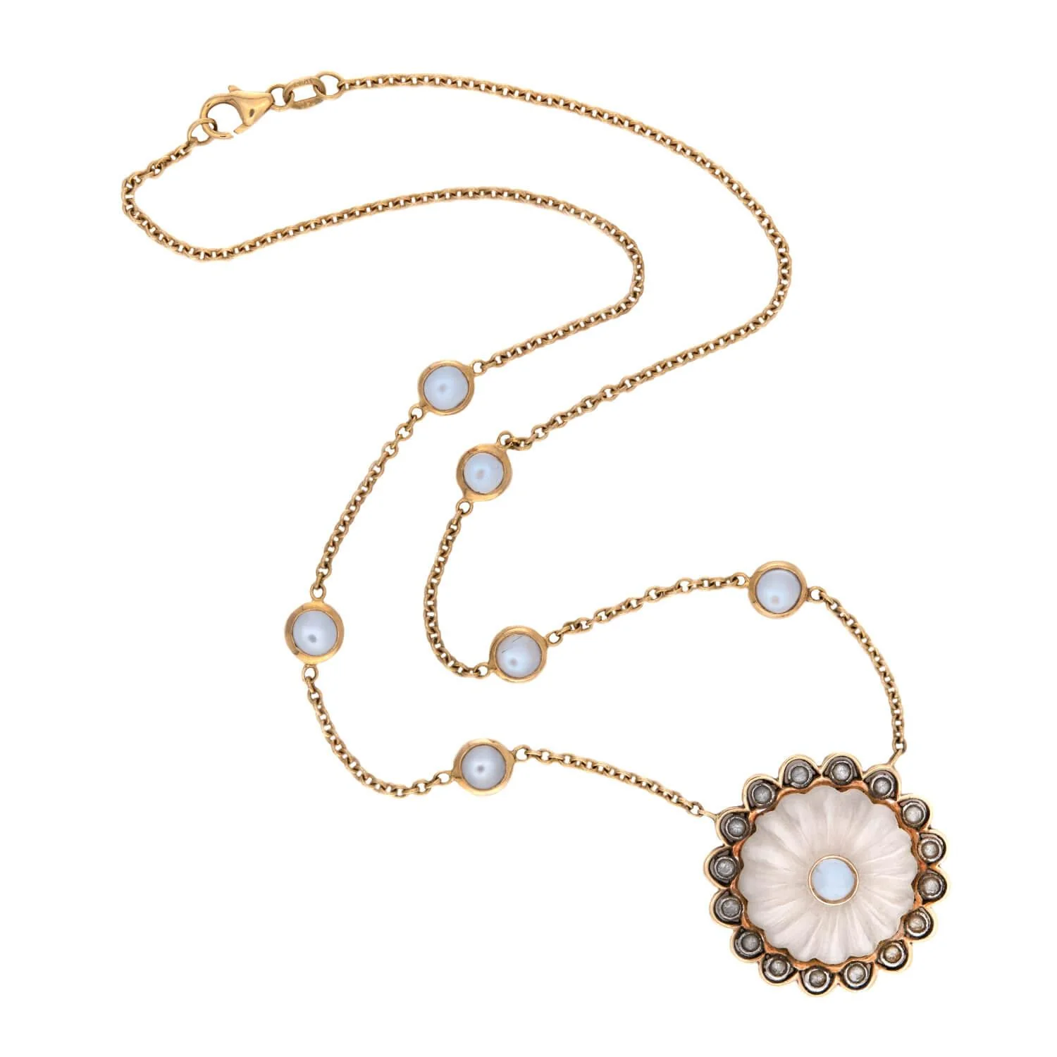 Estate 18k Moonstone, Rock Quartz Crystal, and White Sapphire Pendant Necklace - Image 2