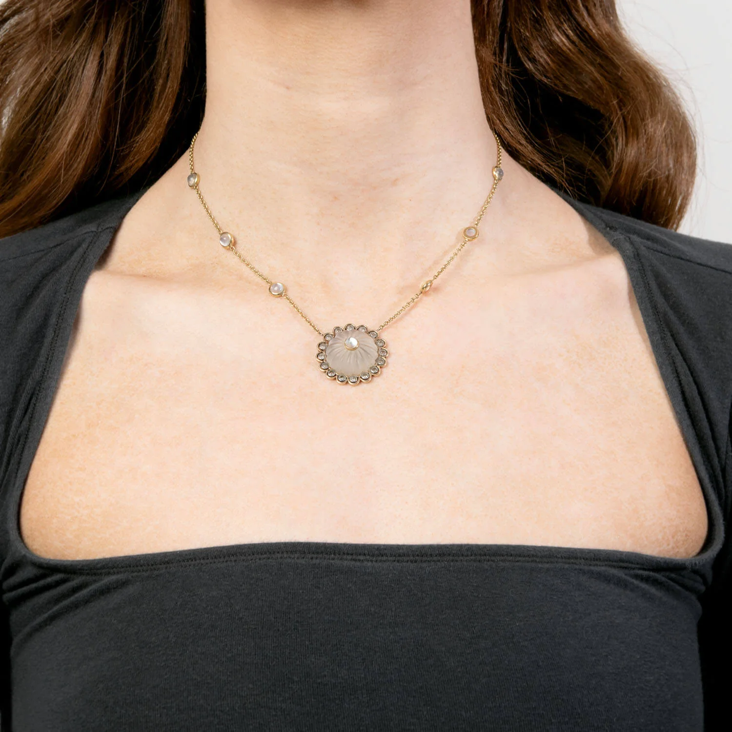 Estate 18k Moonstone, Rock Quartz Crystal, and White Sapphire Pendant Necklace - Image 6