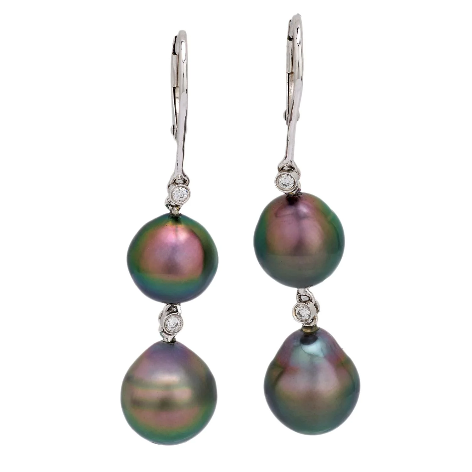 Estate 18k Tahitian Pearl and Diamond Drop Earrings