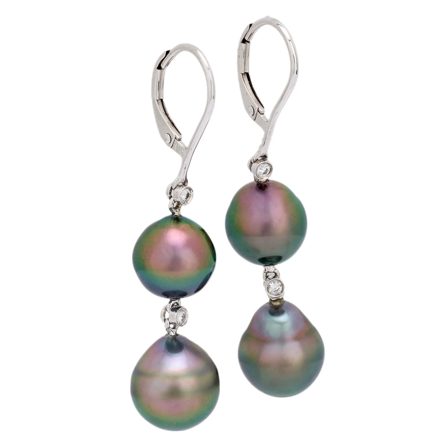 Estate 18k Tahitian Pearl and Diamond Drop Earrings - Image 2