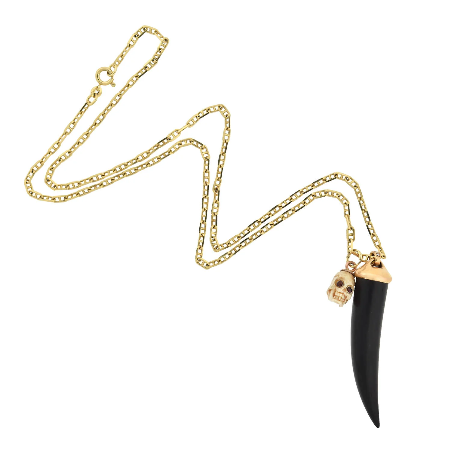 Estate 18kt/14kt Carved Bone Skull + Wood Horn Pendant Compilation Necklace - Image 2