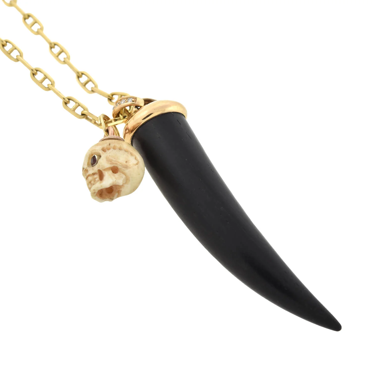 Estate 18kt/14kt Carved Bone Skull + Wood Horn Pendant Compilation Necklace - Image 3