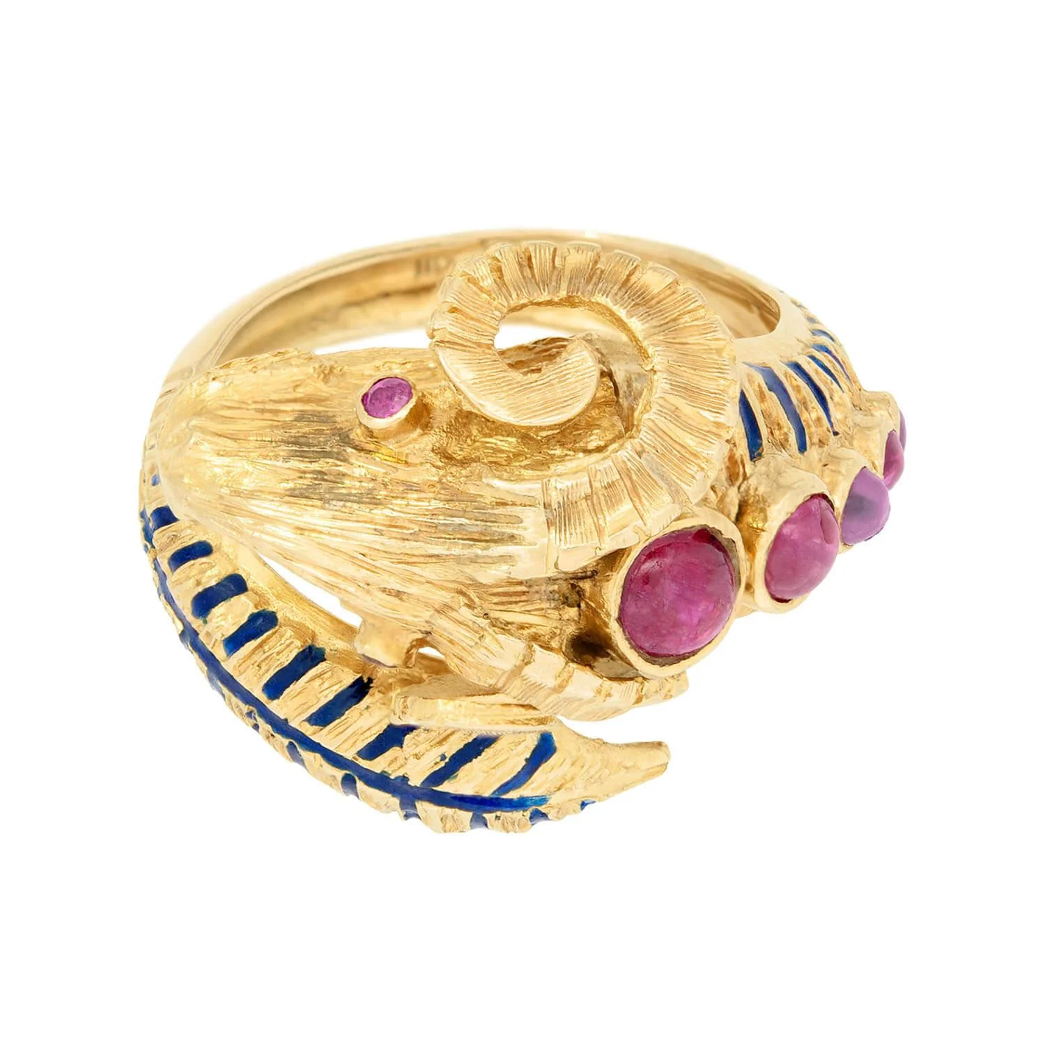 Estate Greek 18k Ruby and Enamel Ram's Head Ring - Image 5