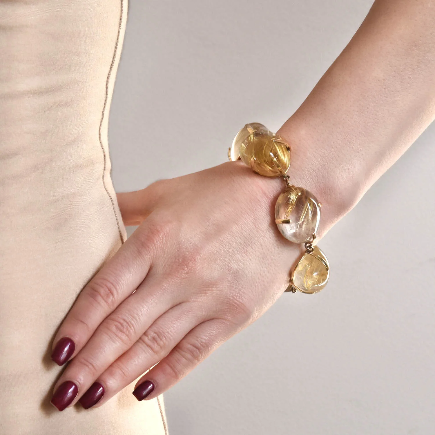 Estate Large 14kt Gold Rutilated Quartz Link Maine Bracelet - Image 6