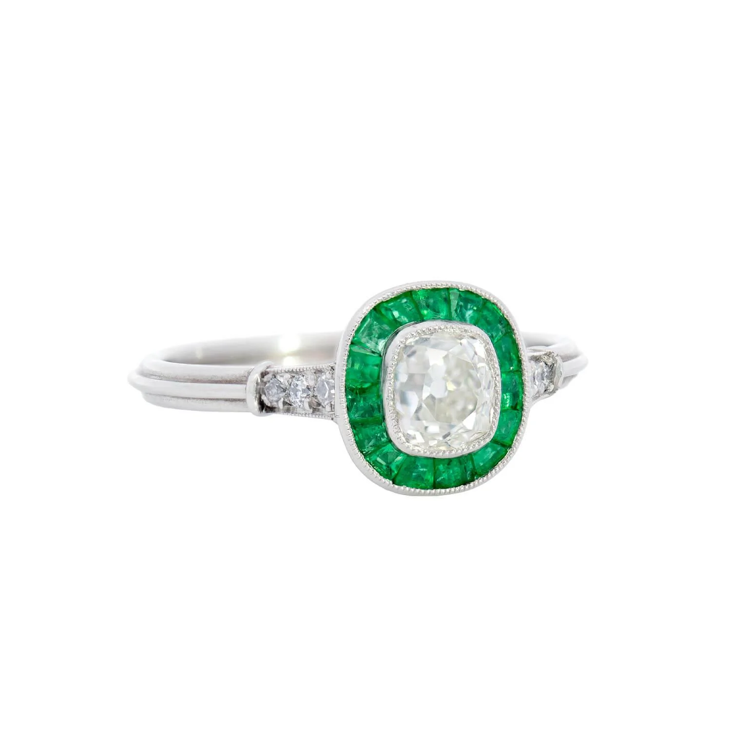 Estate Platinum Diamond and Emerald Engagement Ring - Image 2