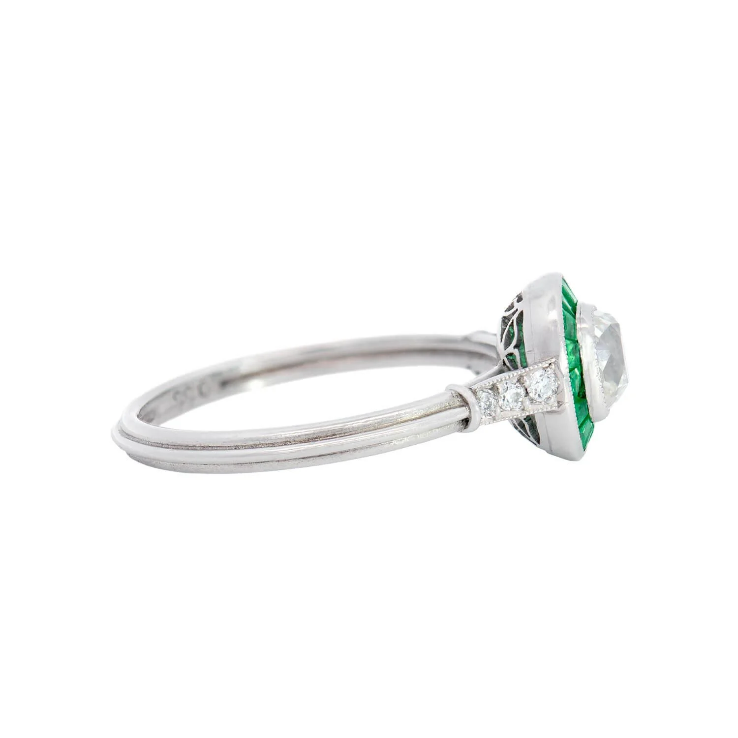 Estate Platinum Diamond and Emerald Engagement Ring - Image 3