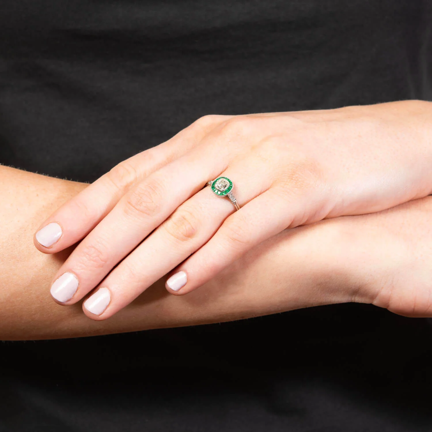 Estate Platinum Diamond and Emerald Engagement Ring - Image 7
