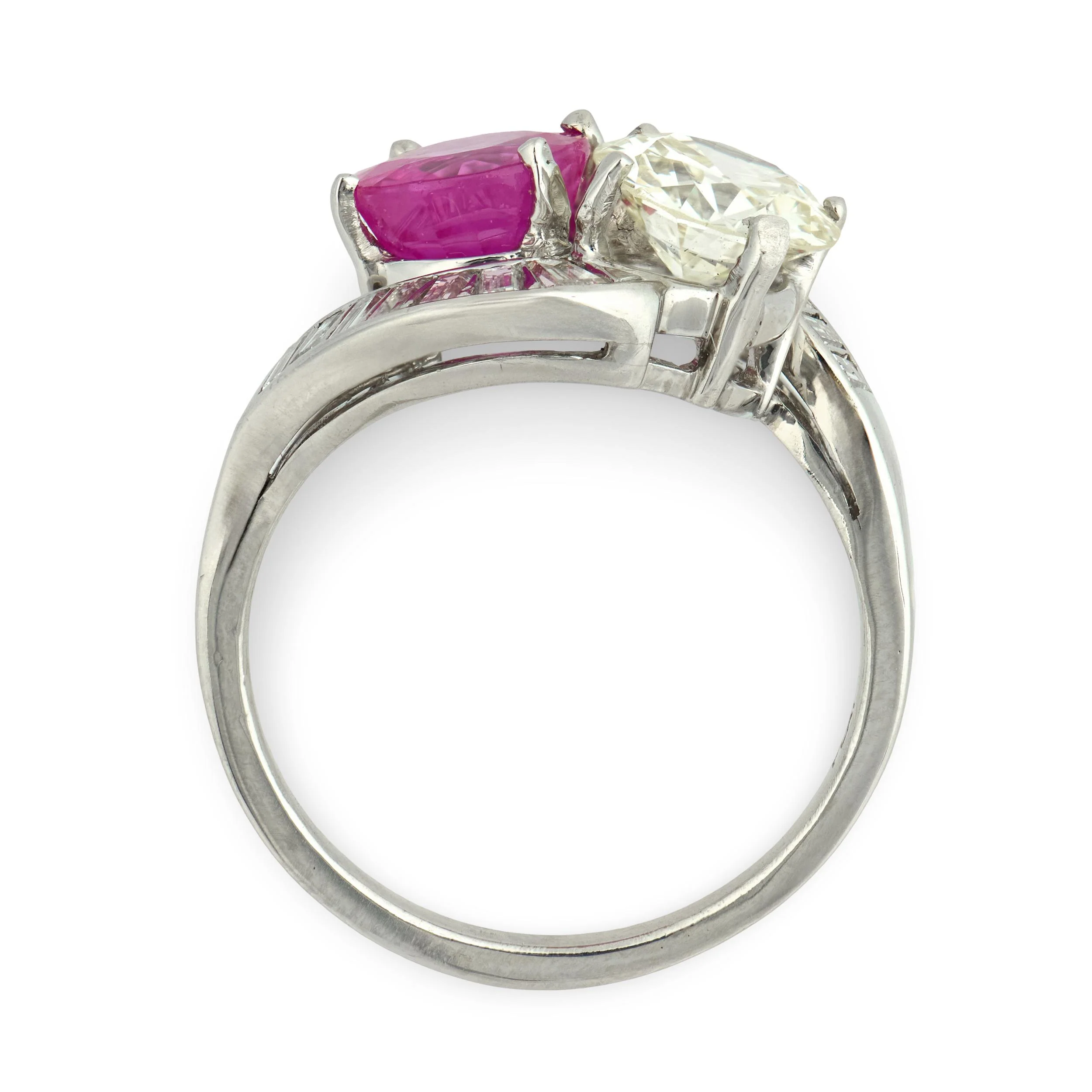 Estate Platinum Pink Sapphire & Diamond "Moi et Toi" Bypass Ring - Image 4