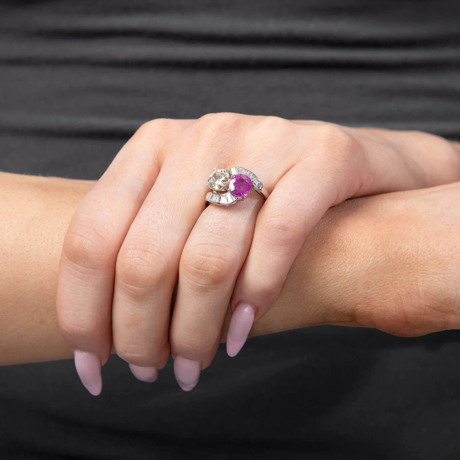 Estate Platinum Pink Sapphire & Diamond "Moi et Toi" Bypass Ring - Image 6