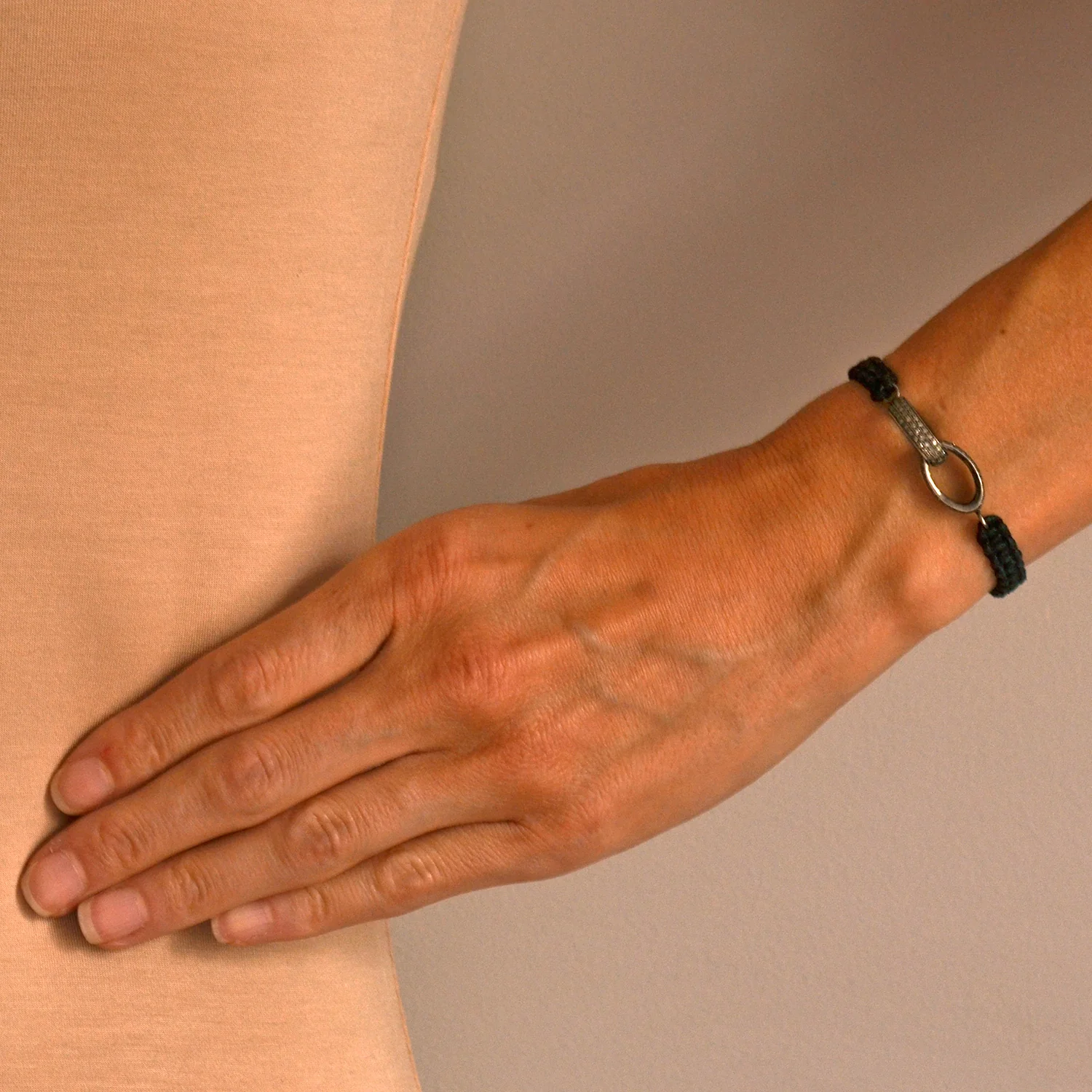 Estate Sterling Diamond Interlocking Link + Macramé Cord Bracelet - Image 7