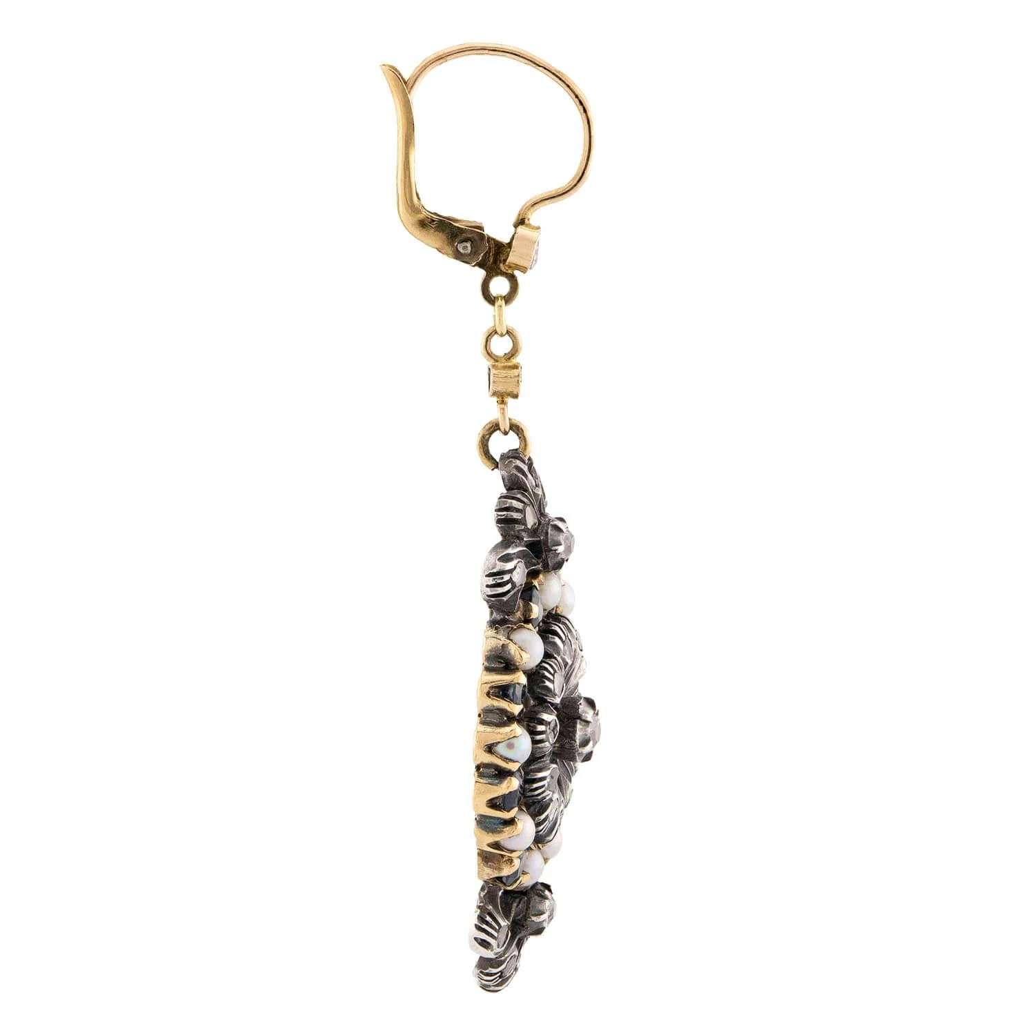 Georgian 14k/Sterling Sapphire, Pearl, & Diamond Dangle Earrings - Image 2