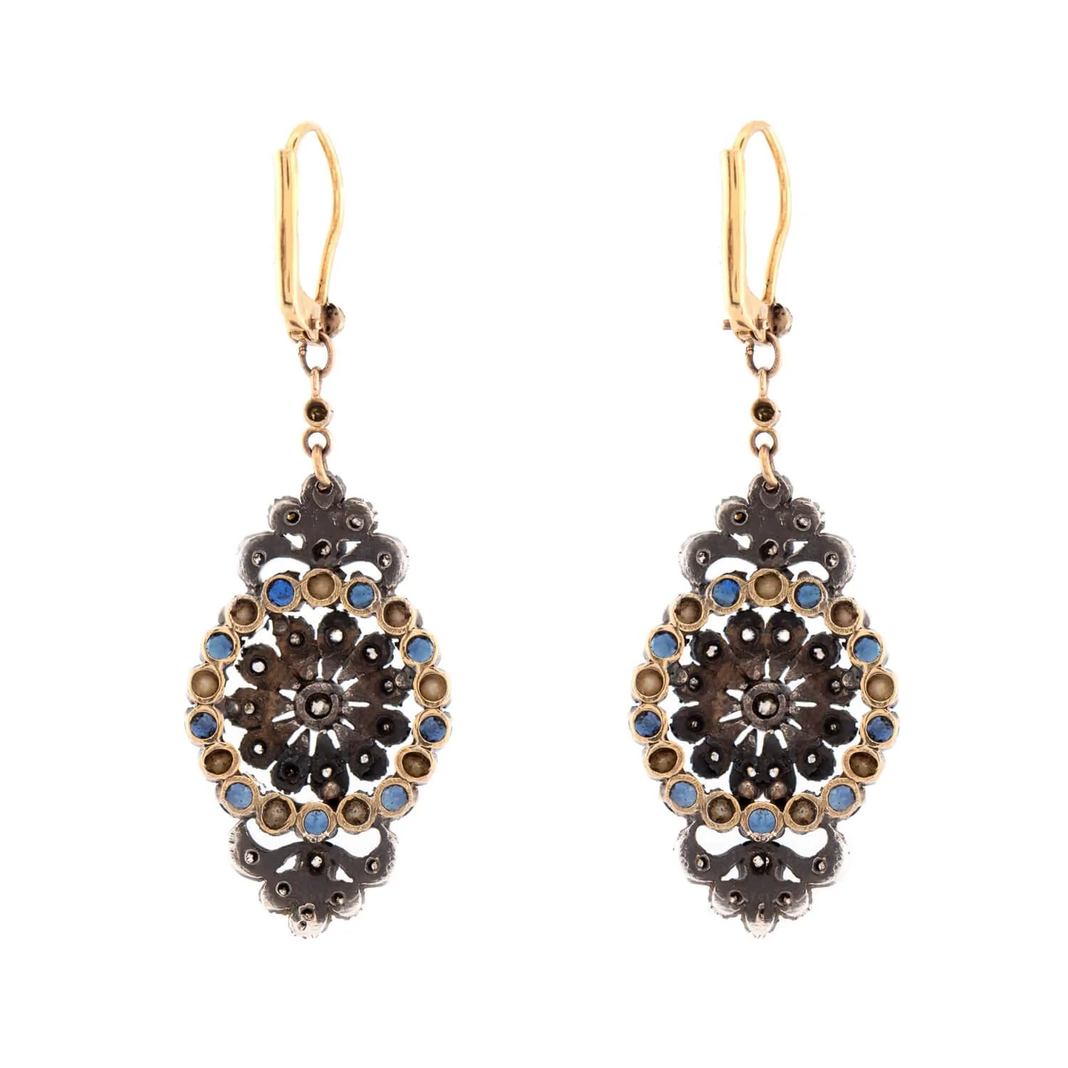 Georgian 14k/Sterling Sapphire, Pearl, & Diamond Dangle Earrings - Image 3
