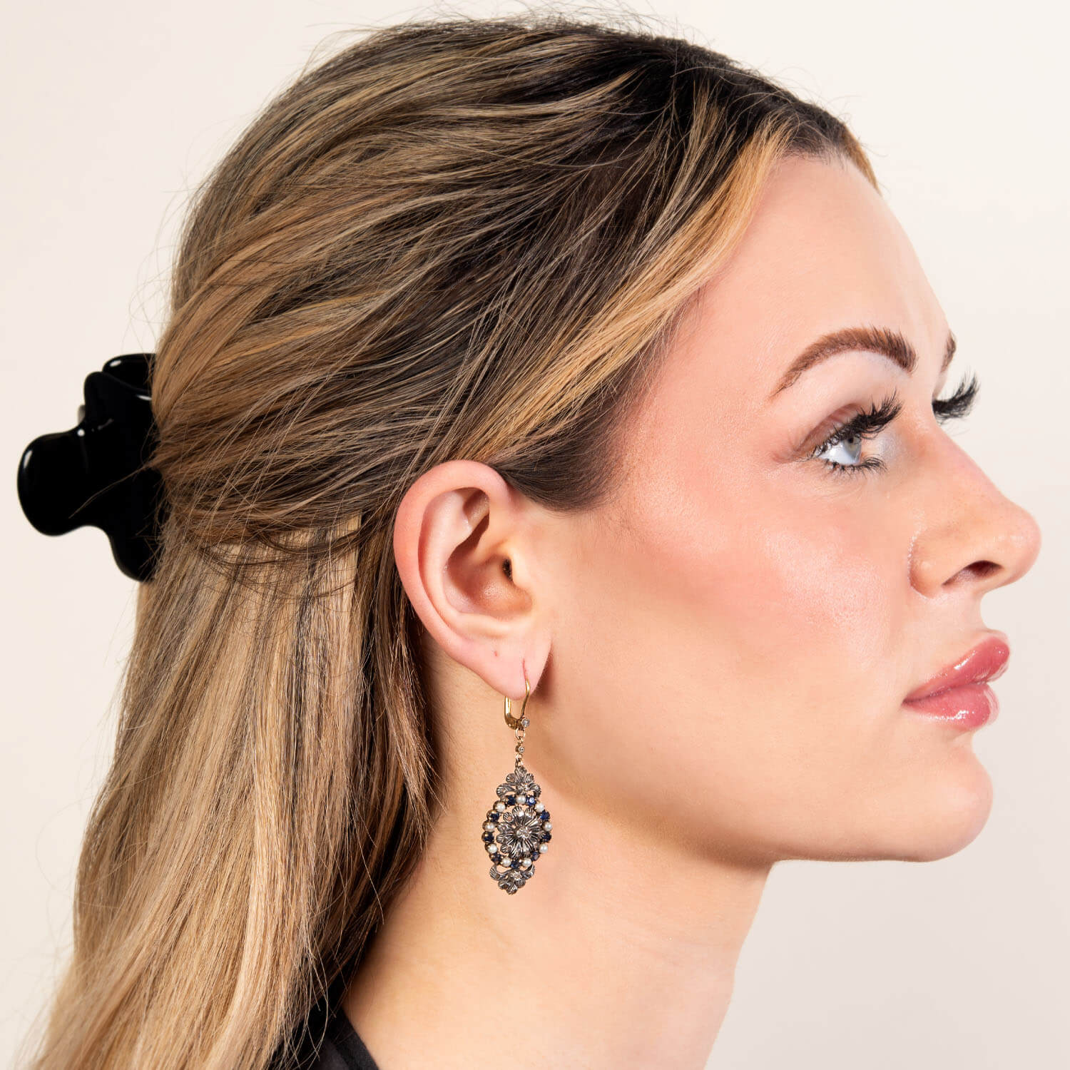 Georgian 14k/Sterling Sapphire, Pearl, & Diamond Dangle Earrings - Image 4