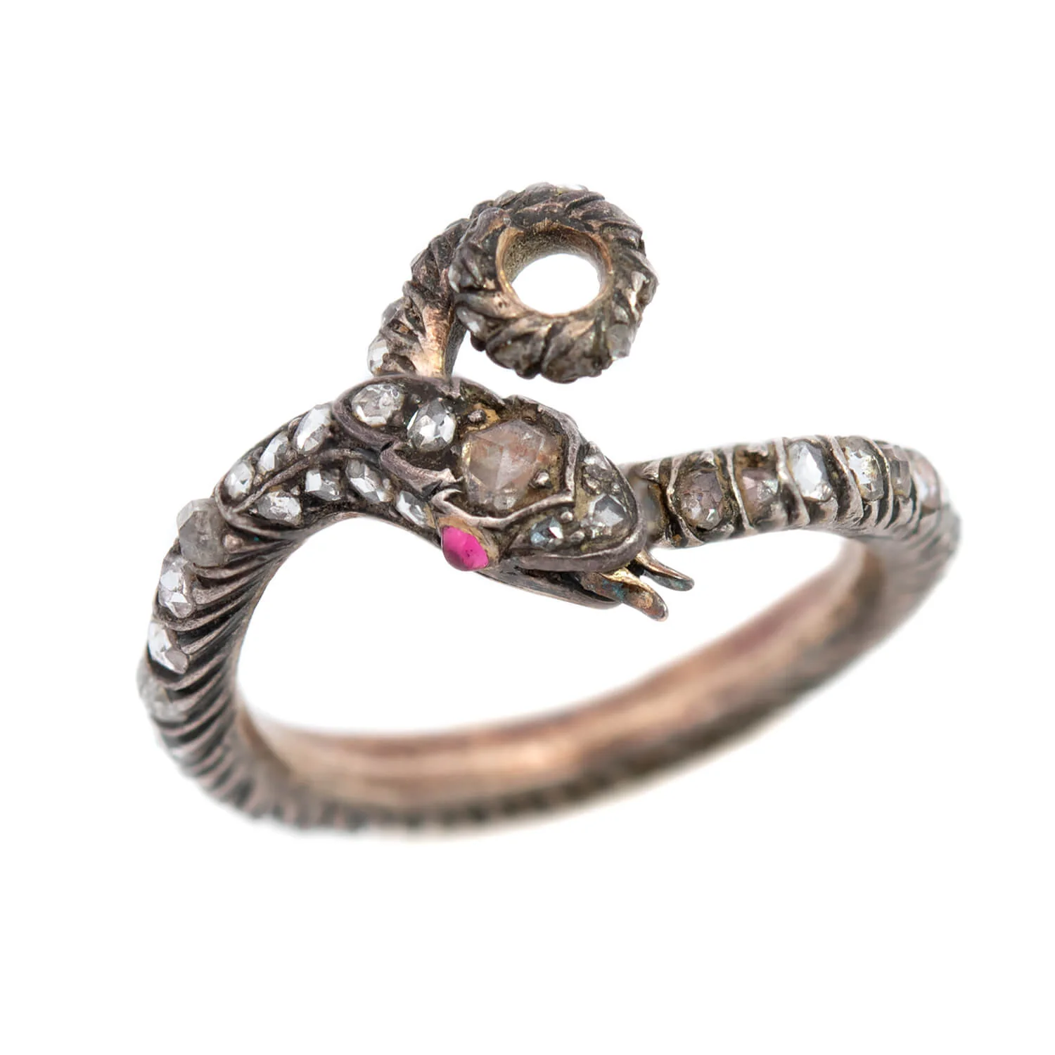 Georgian 15k/Sterling Rose Cut Diamond Snake Ring - Image 4