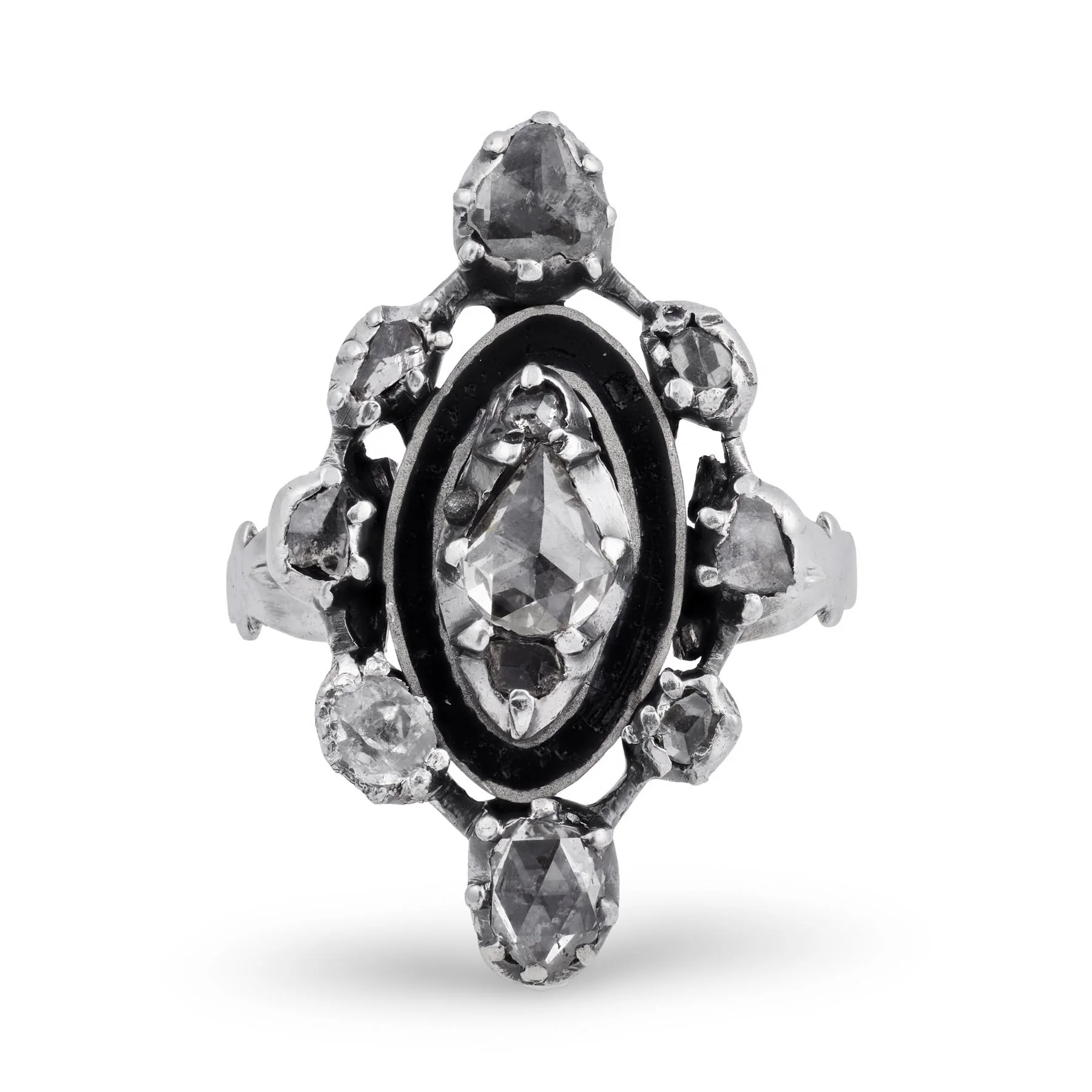 Georgian Sterling Silver Diamond & Enamel Navette Ring - Image 2