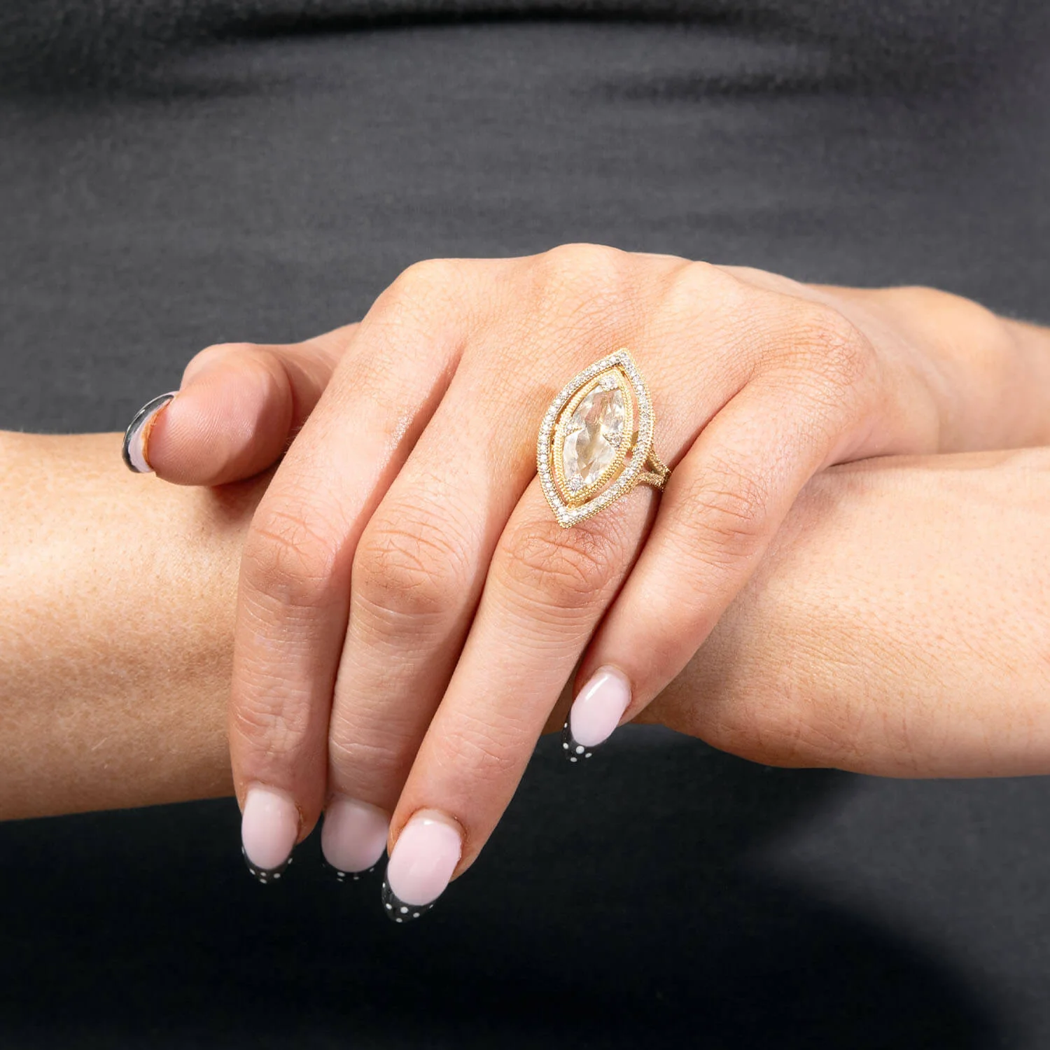 JUDE FRANCES Estate 18k White Topaz and Diamond Navette Ring - Image 6