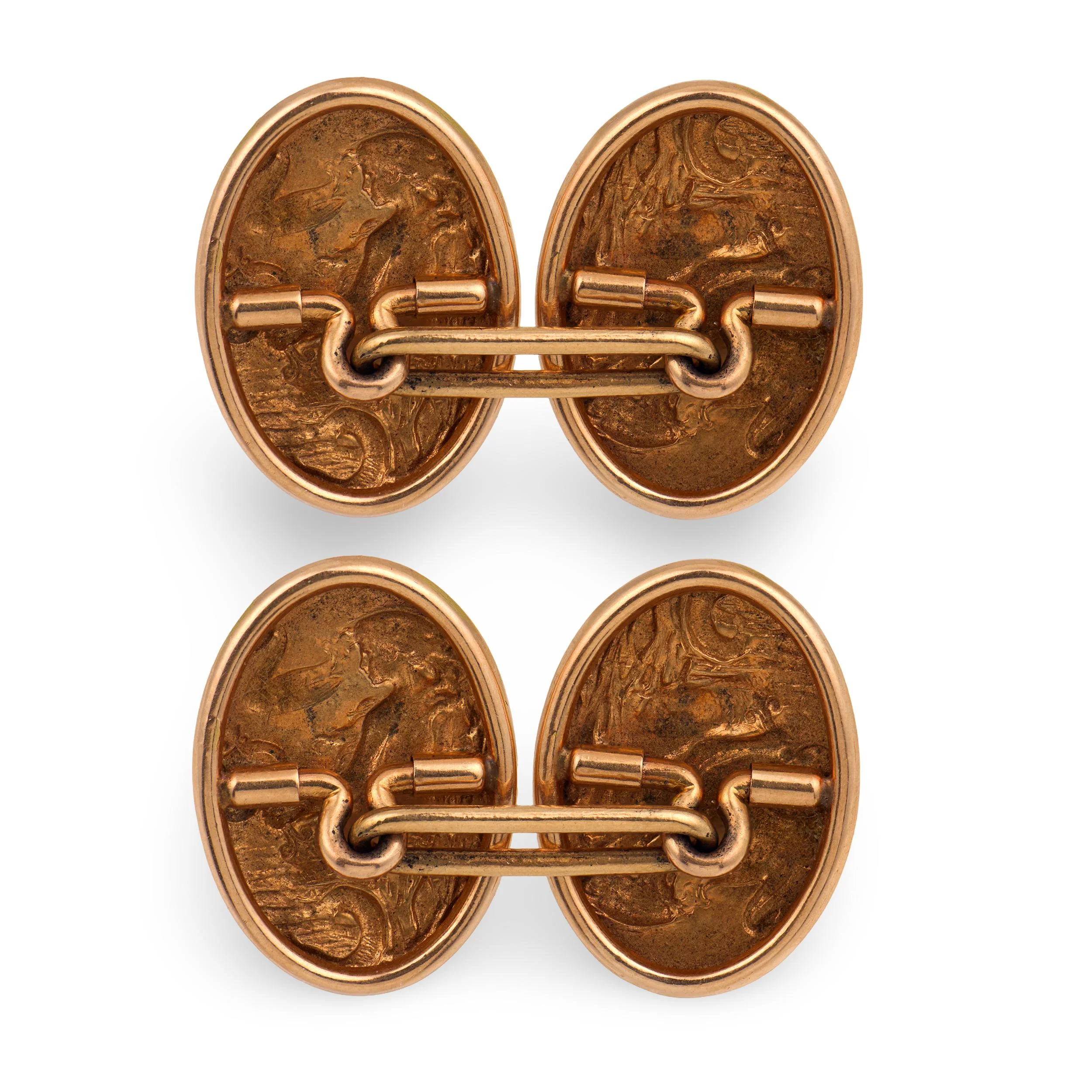 KREMENTZ & CO. Art Nouveau 14k Repoussé Mermaid-Motif Cufflinks - Image 4