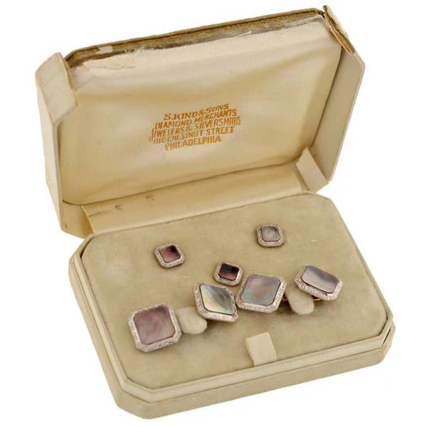 KREMENTZ Edwardian 14kt Platinum Black Mother of Pearl 5-Piece Cufflink Set - Image 7
