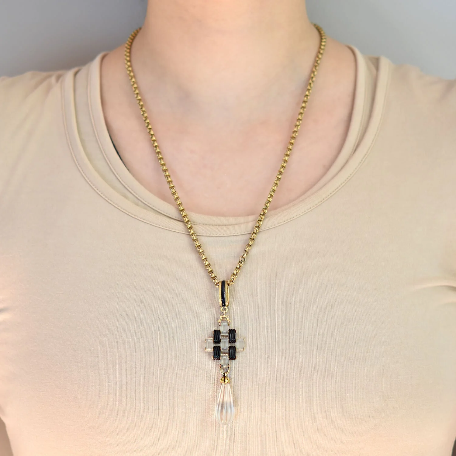 KREMENTZ Late Victorian 14kt Onyx Rock Quartz Crystal Pendant - Image 5