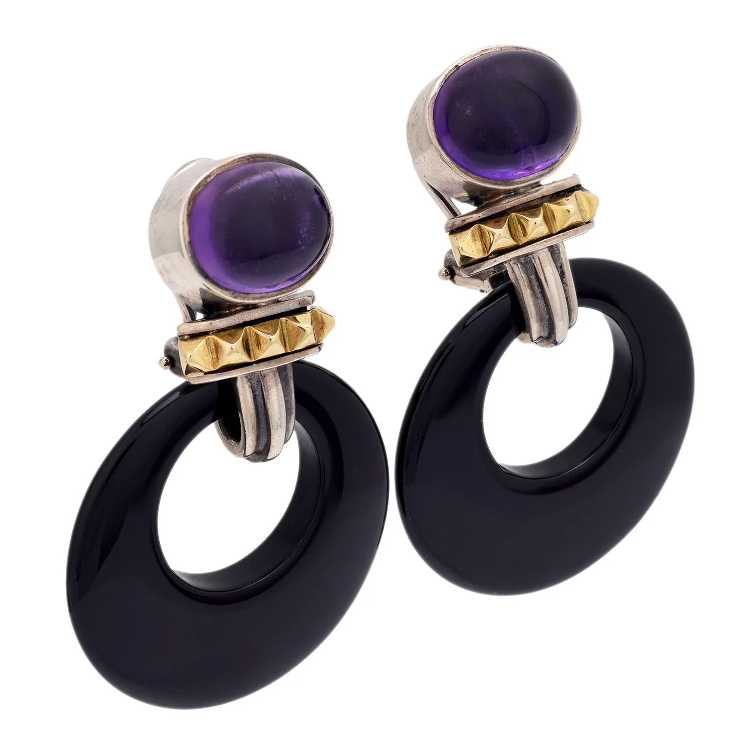 LAGOS Estate 18k/Sterling Silver Amethyst and Onyx Hoop Earrings - Image 3