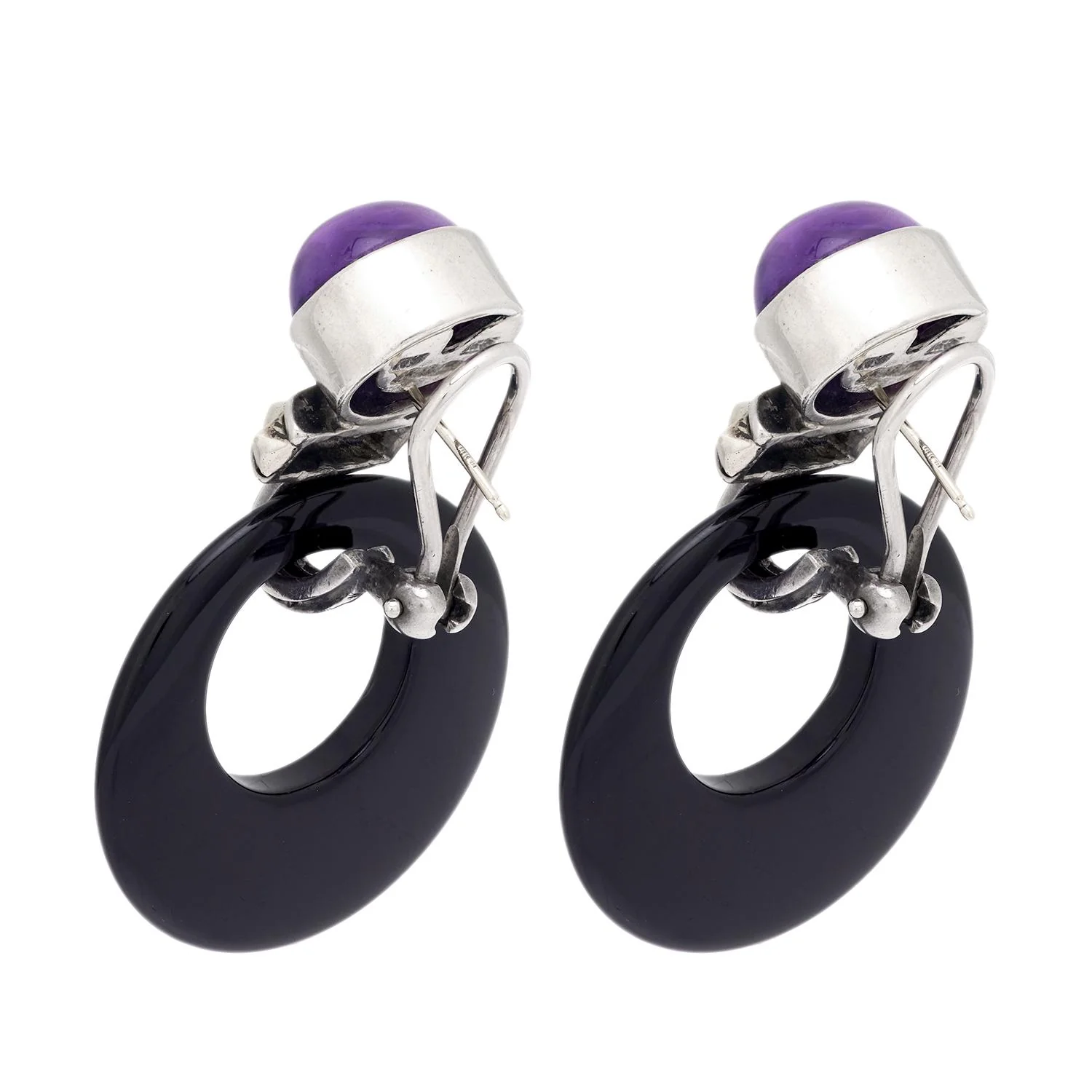 LAGOS Estate 18k/Sterling Silver Amethyst and Onyx Hoop Earrings - Image 4