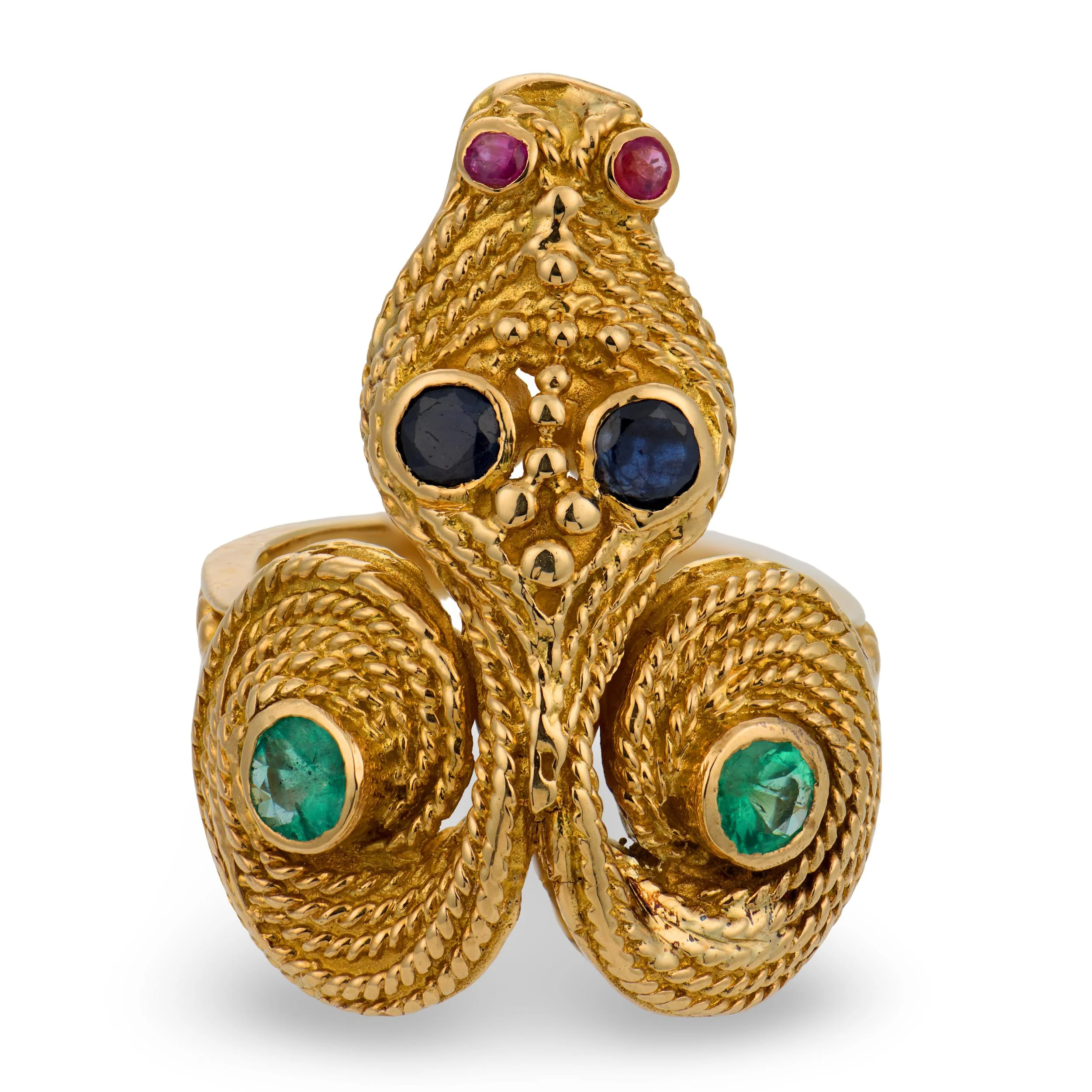 LALOUNIS Estate Greek 18k Sapphire, Ruby, & Emerald Snake Ring - Image 2